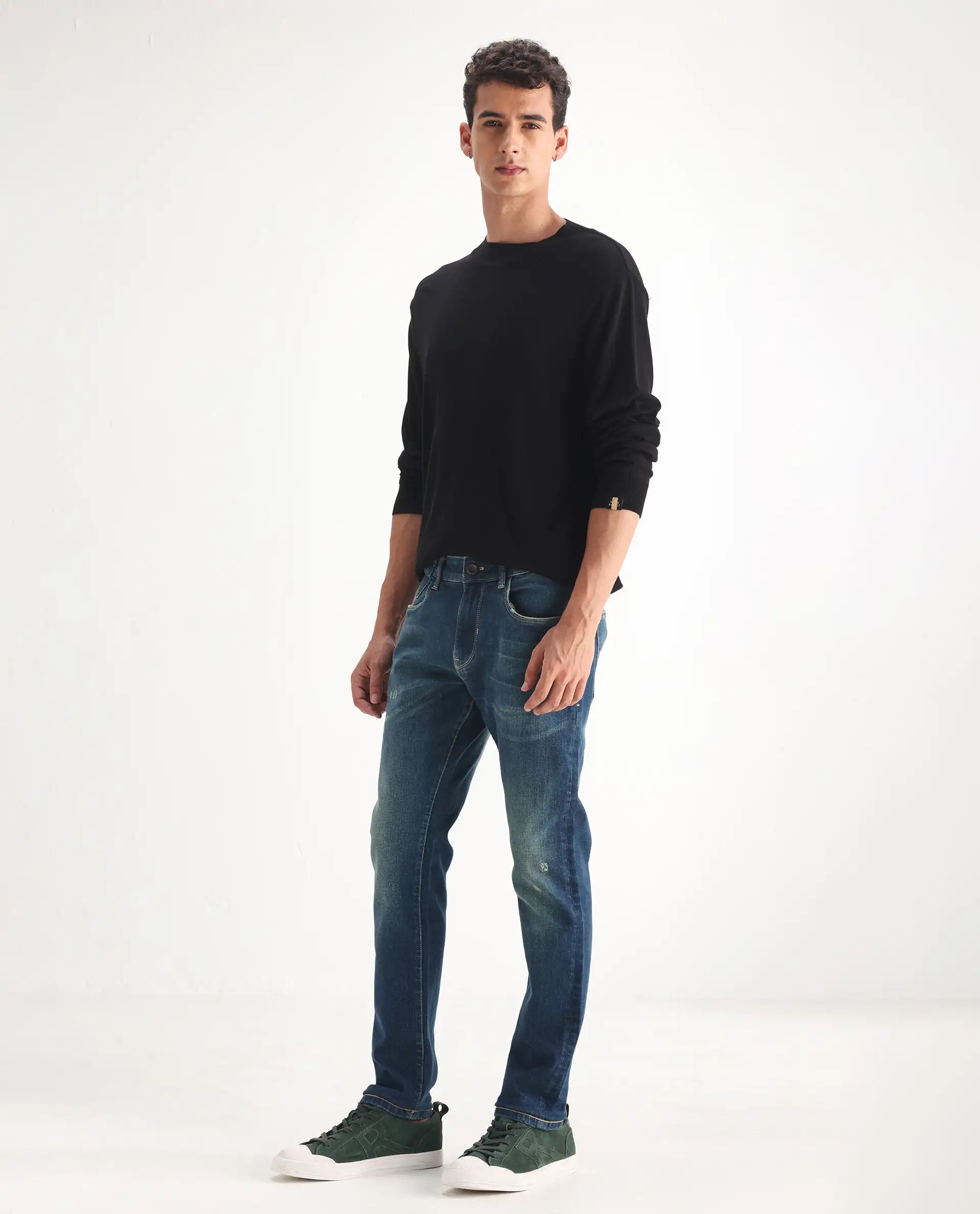 Rare Rabbit Men's Coro Pastel Blue Cotton Blend Plain Hawk Slim Fit Jeans