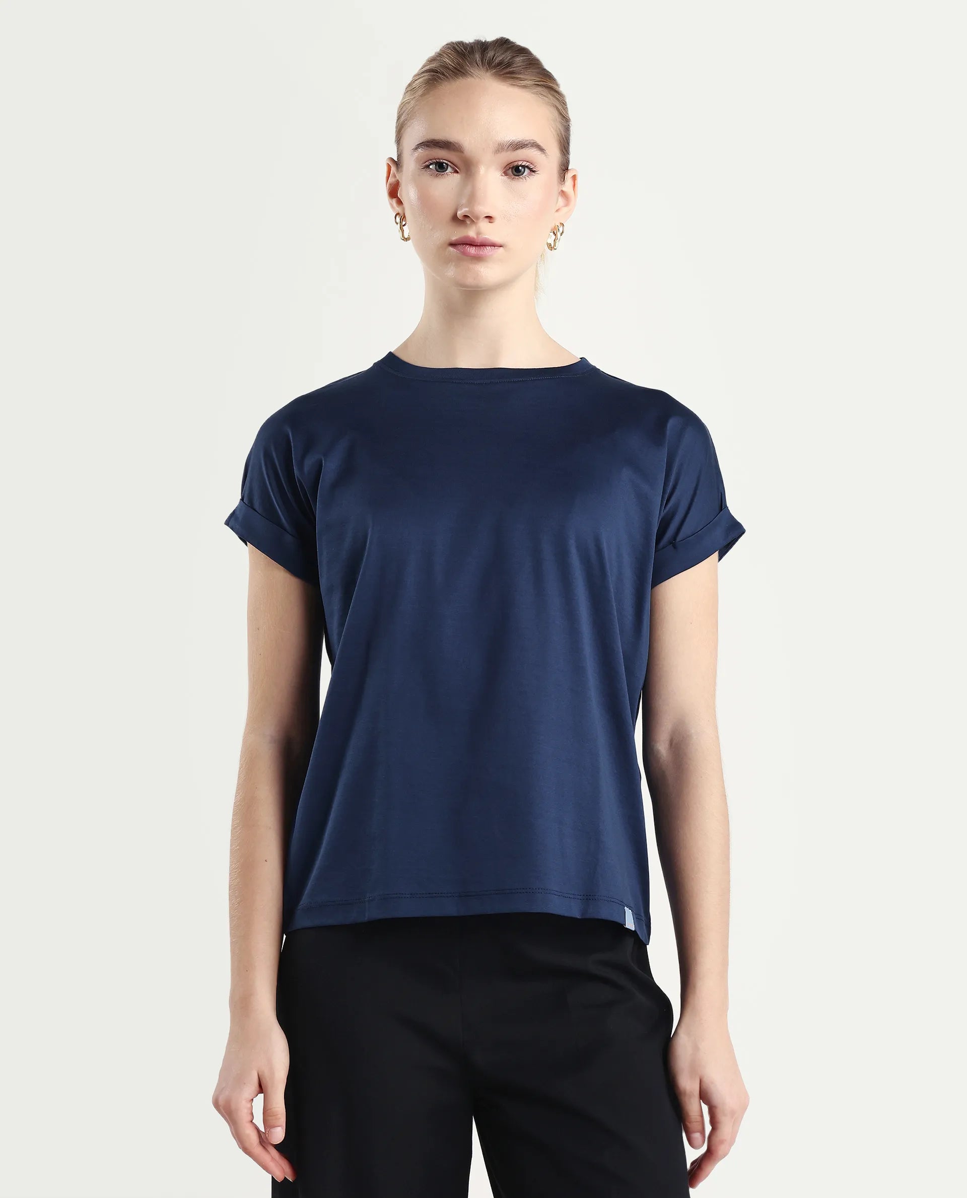 Rareism Women's Cors Navy Cotton Blend Crew Neck Plain Extended Sleeves Relaxed Fit T-Shirt