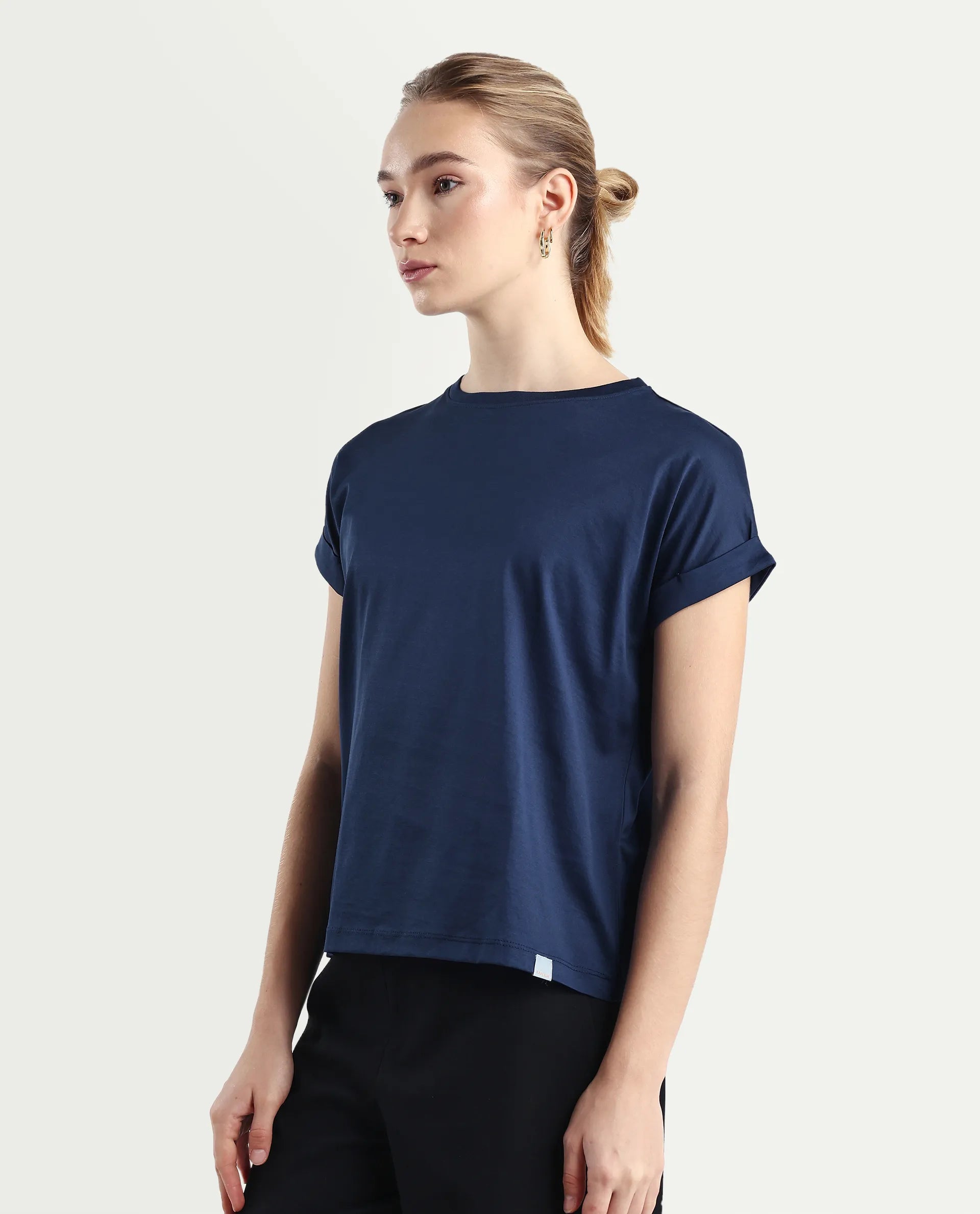 Rareism Women's Cors Navy Cotton Blend Crew Neck Plain Extended Sleeves Relaxed Fit T-Shirt