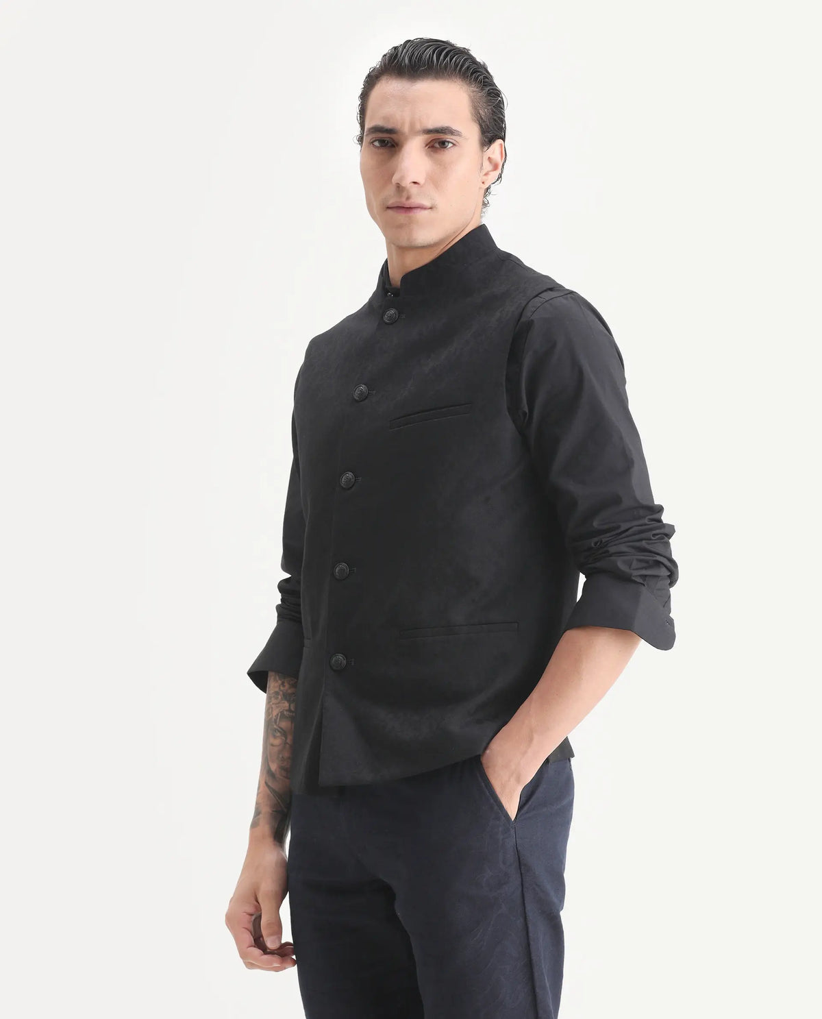 Rare Rabbit Men's Corti Black Polyester Jacquard Tailored Fit Sleeveless Mandarin Collar Bandhgala