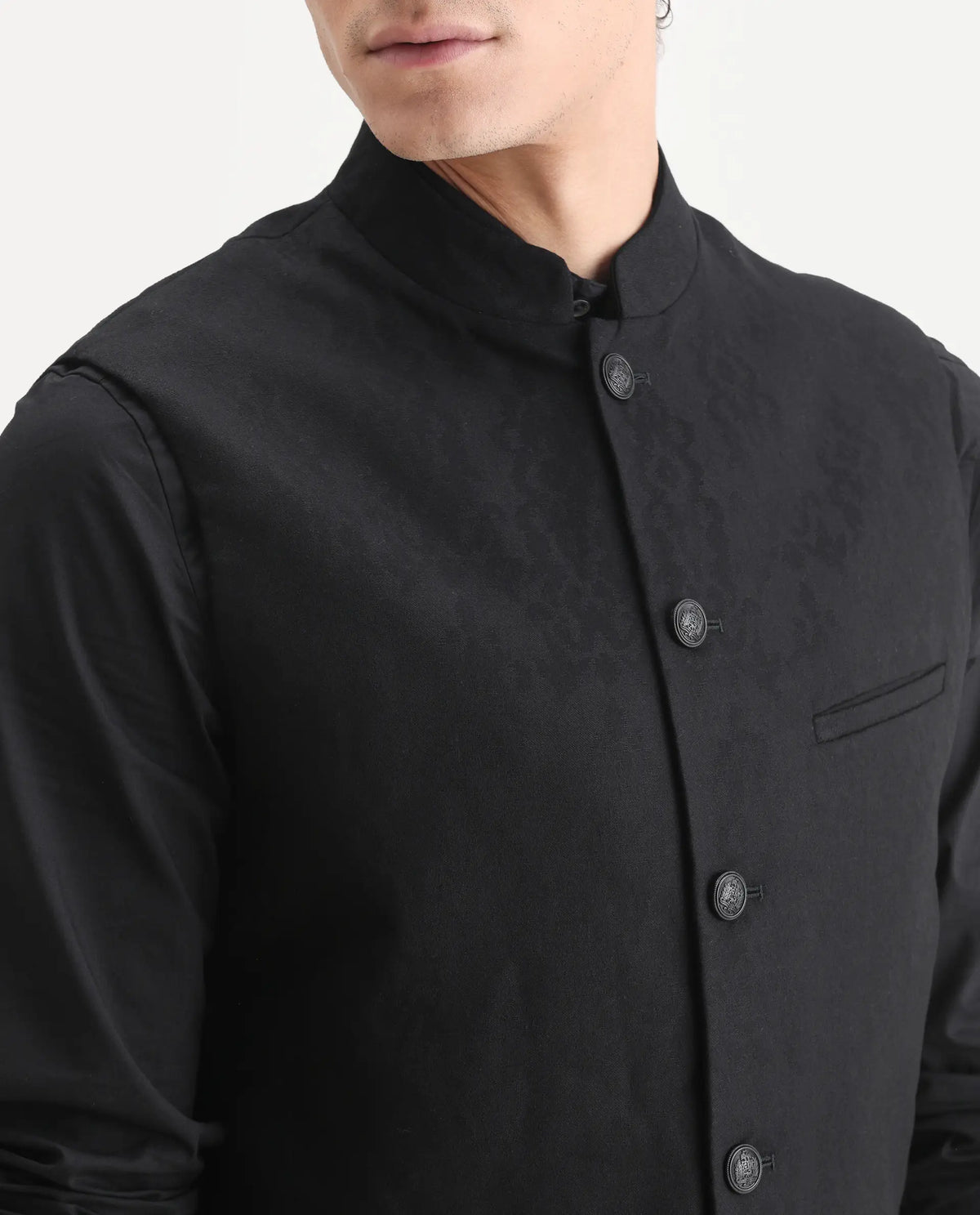 Rare Rabbit Men's Corti Black Polyester Jacquard Tailored Fit Sleeveless Mandarin Collar Bandhgala