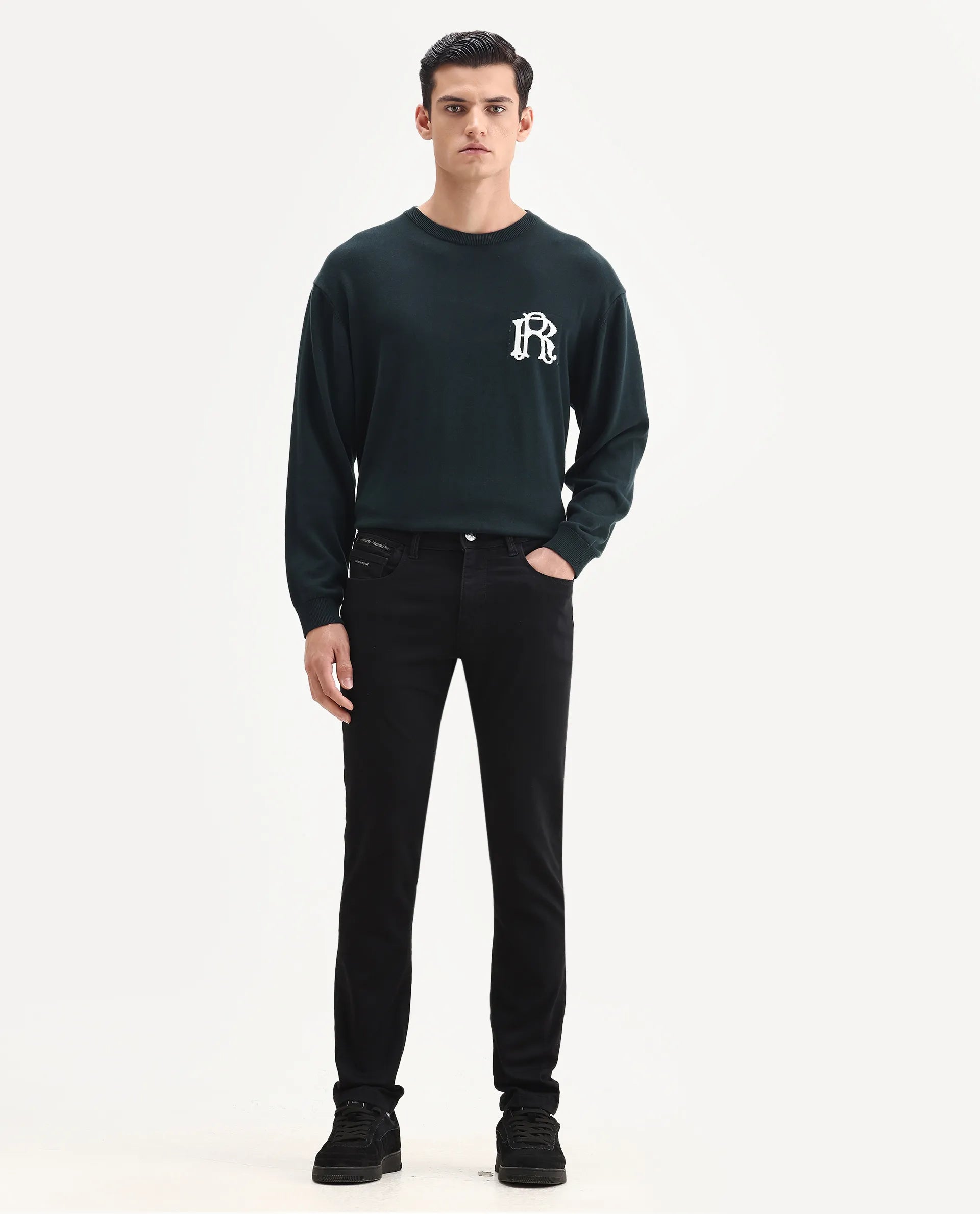 Rare Rabbit Men's Corvo Black Cotton Blend Plain Hawk Slim Fit Jeans