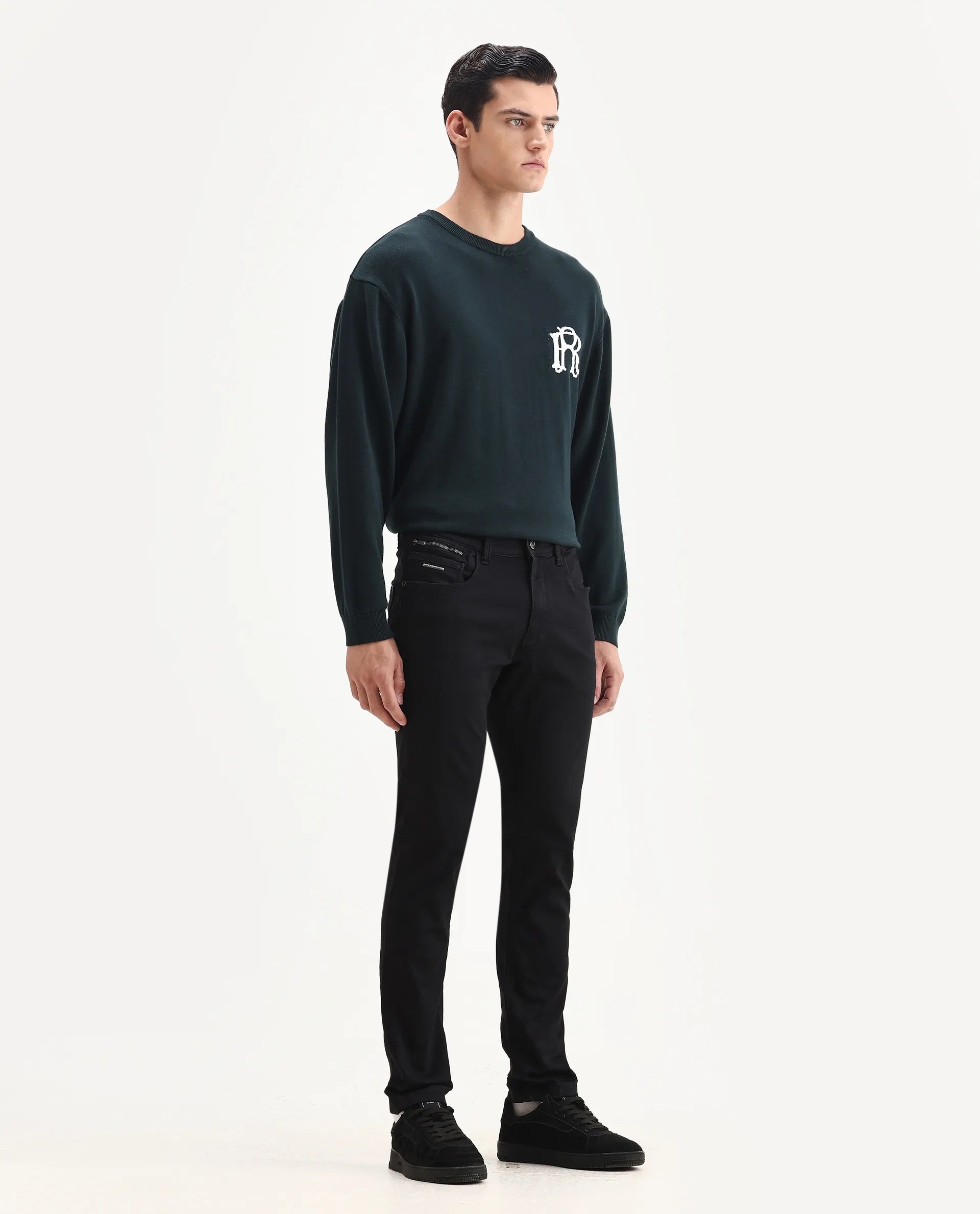 Rare Rabbit Men's Corvo Black Cotton Blend Plain Hawk Slim Fit Jeans