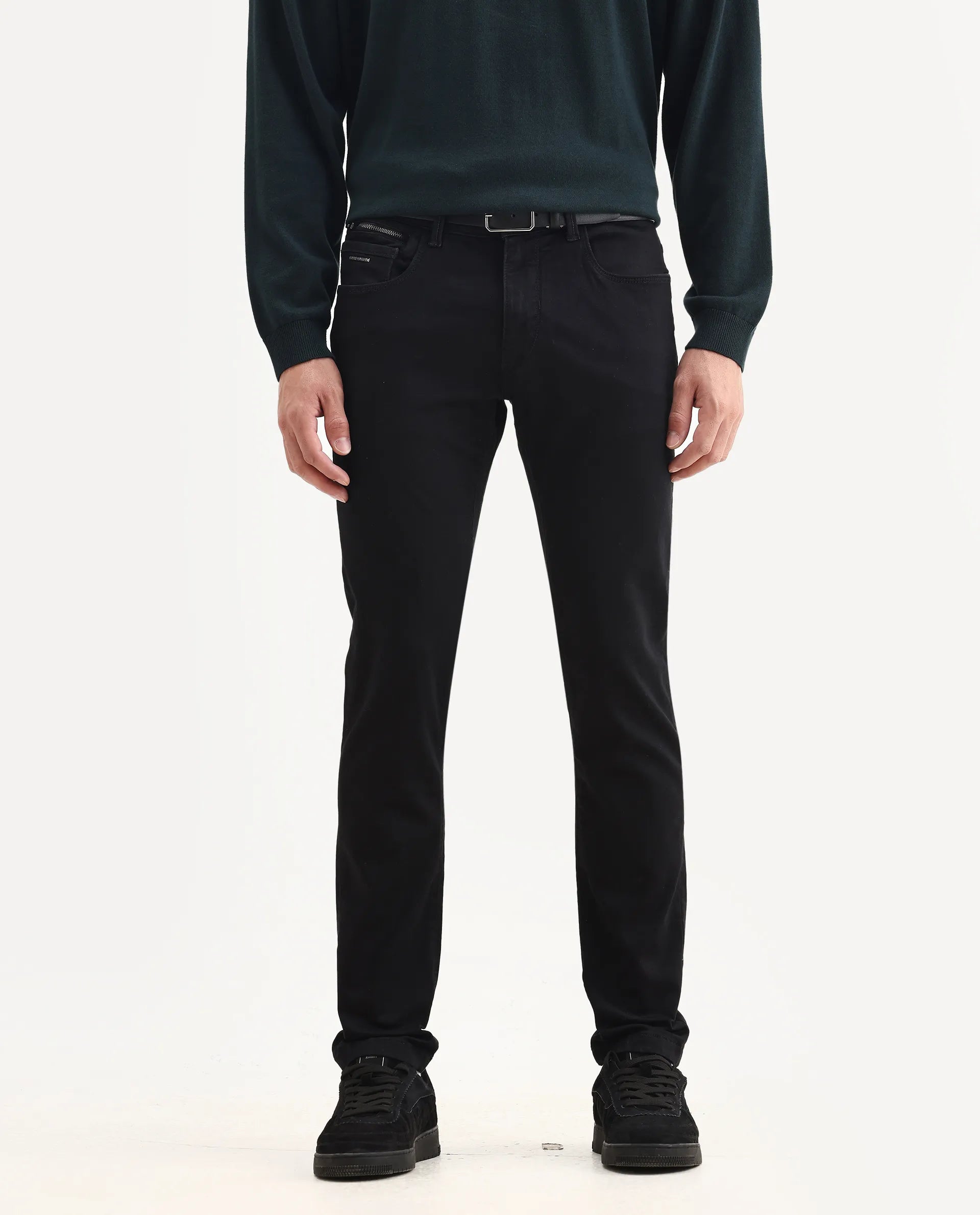 Rare Rabbit Men's Corvo Black Cotton Blend Plain Hawk Slim Fit Jeans