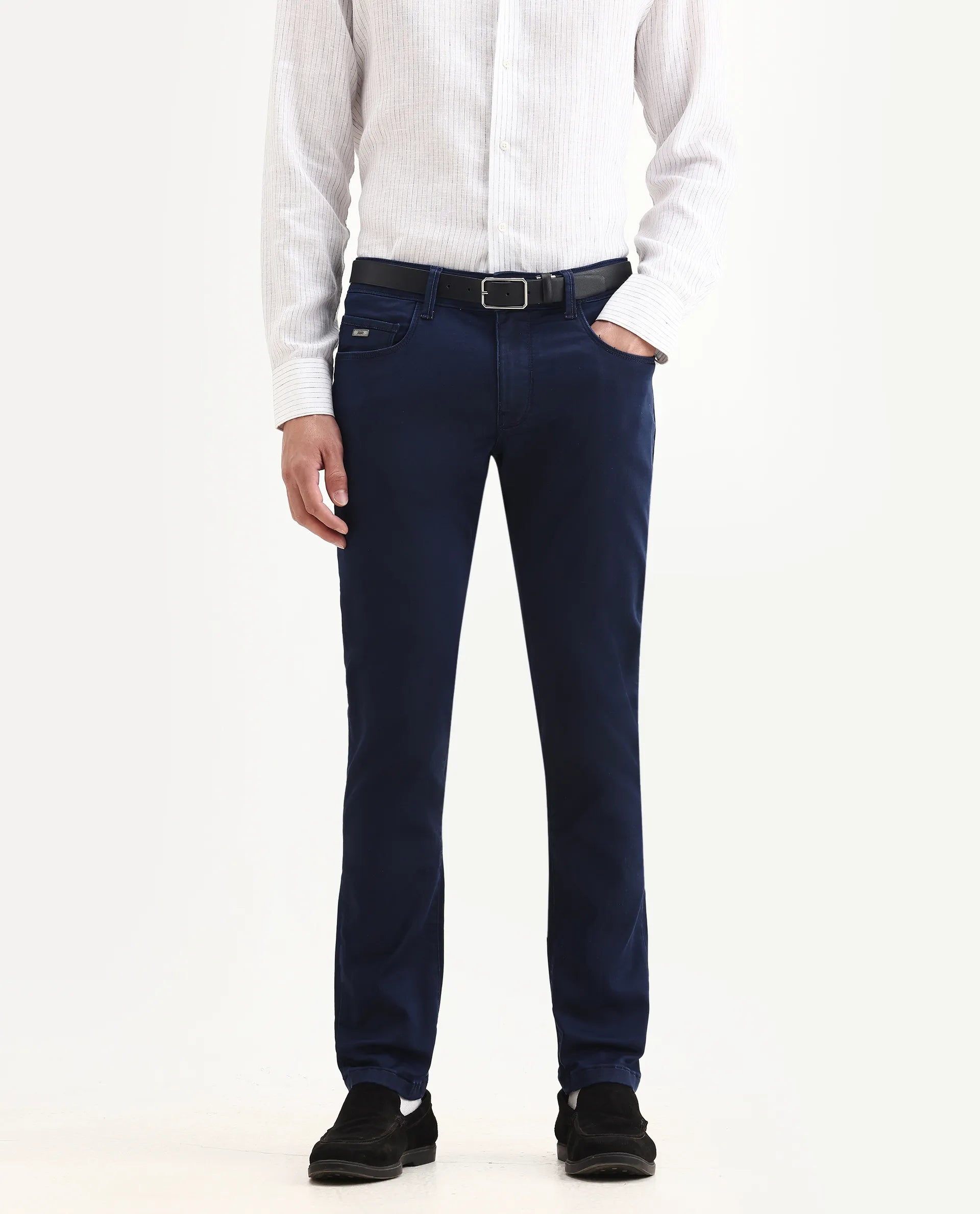 Rare Rabbit Men's Corvo Blue Cotton Blend Plain Hawk Slim Fit Jeans