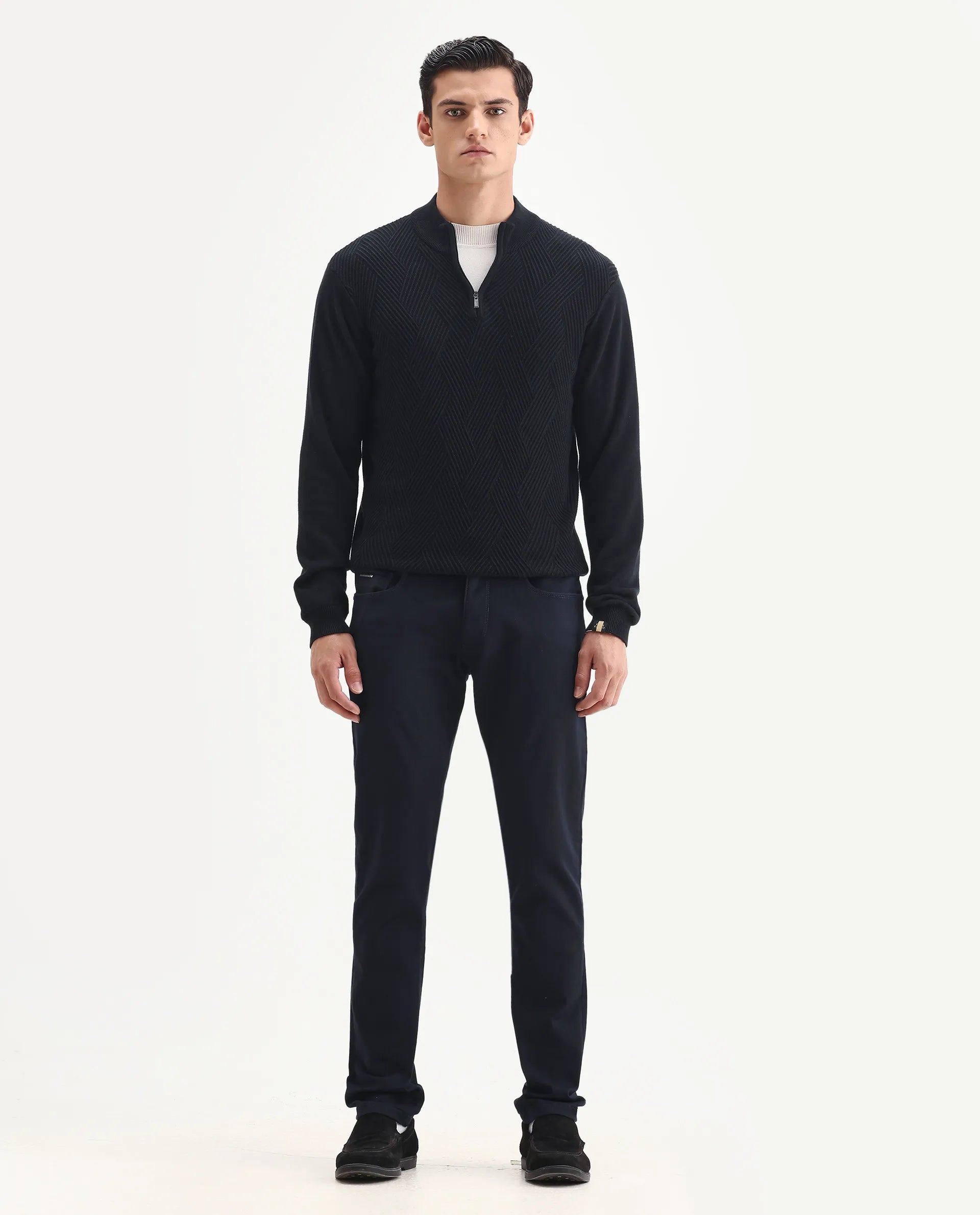 Rare Rabbit Men's Corvo Navy Cotton Blend Plain Hawk Slim Fit Jeans