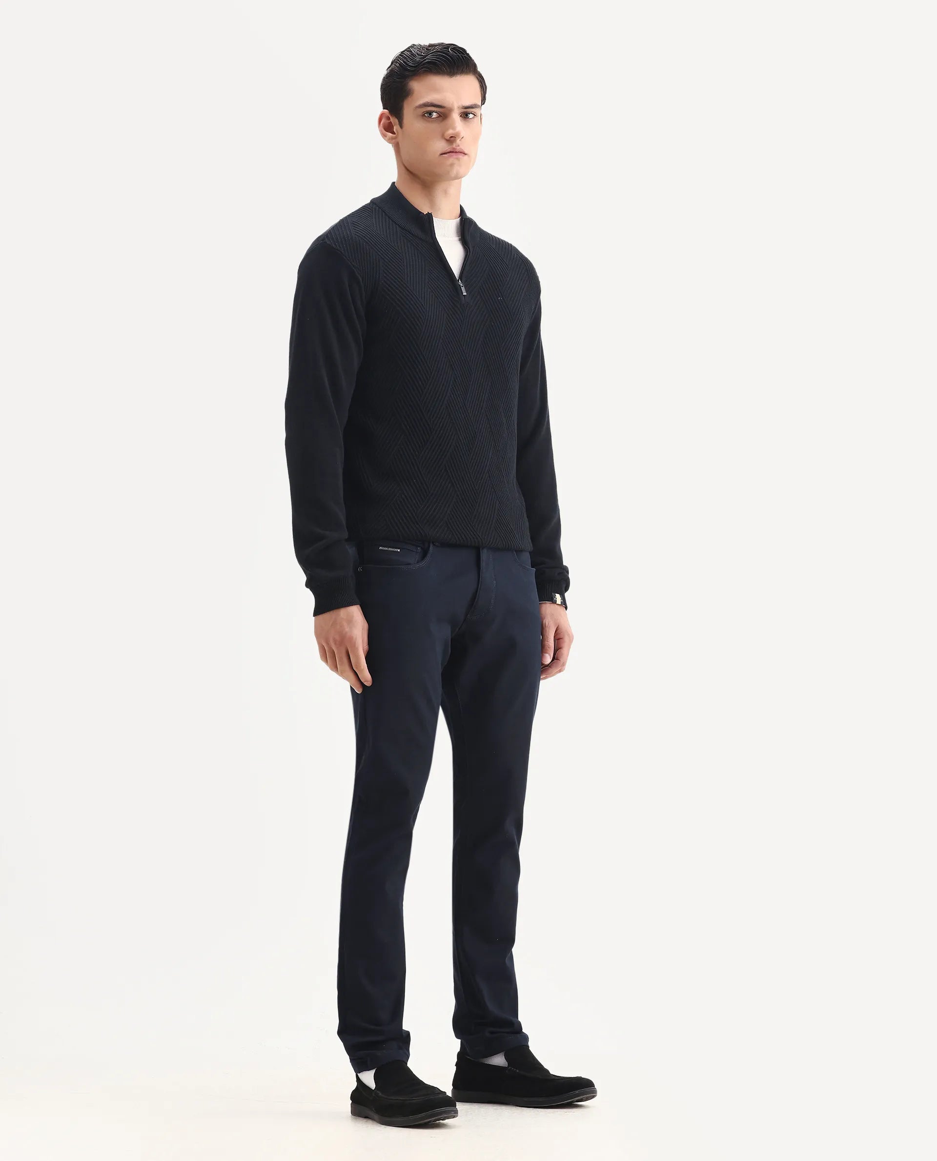 Rare Rabbit Men's Corvo Navy Cotton Blend Plain Hawk Slim Fit Jeans