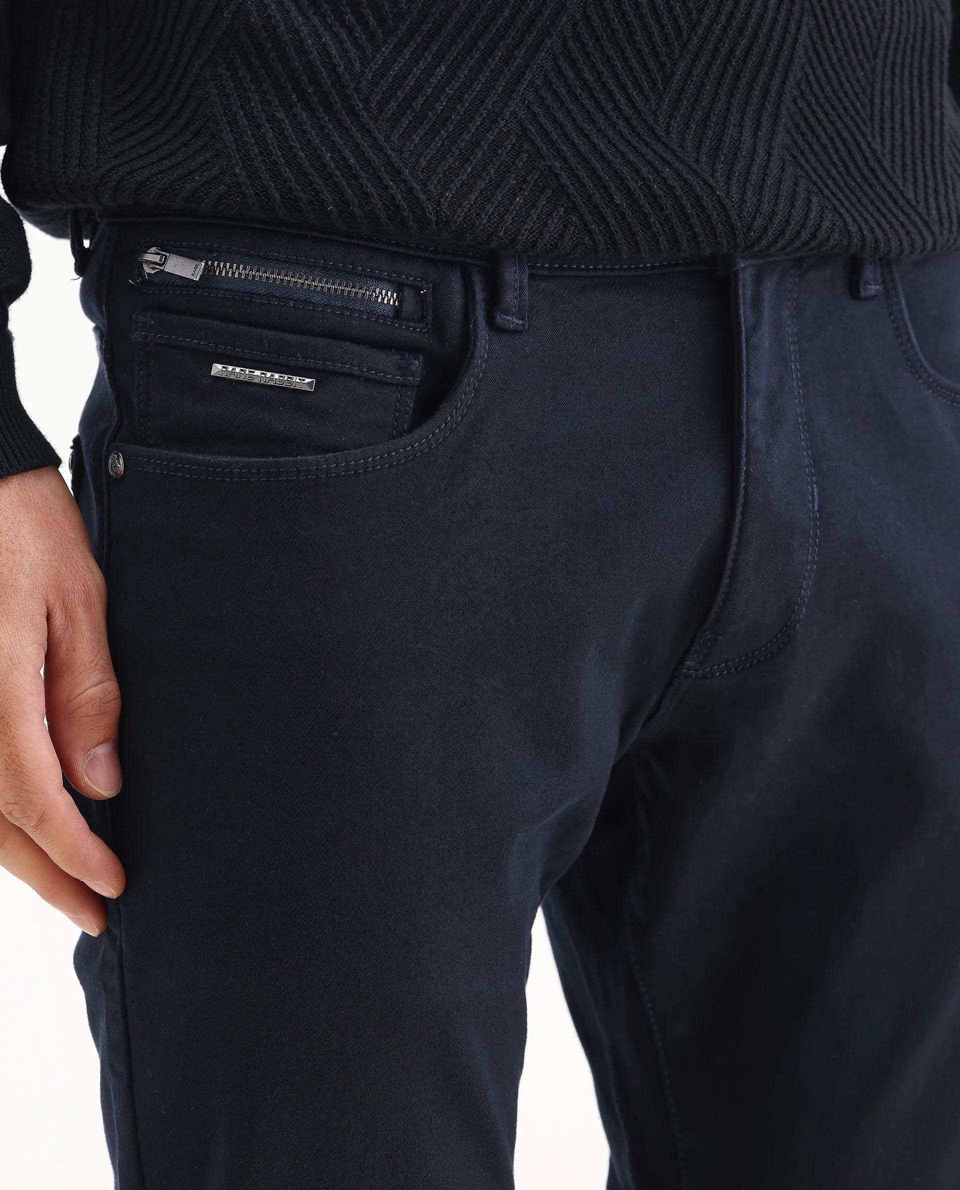 Rare Rabbit Men's Corvo Navy Cotton Blend Plain Hawk Slim Fit Jeans