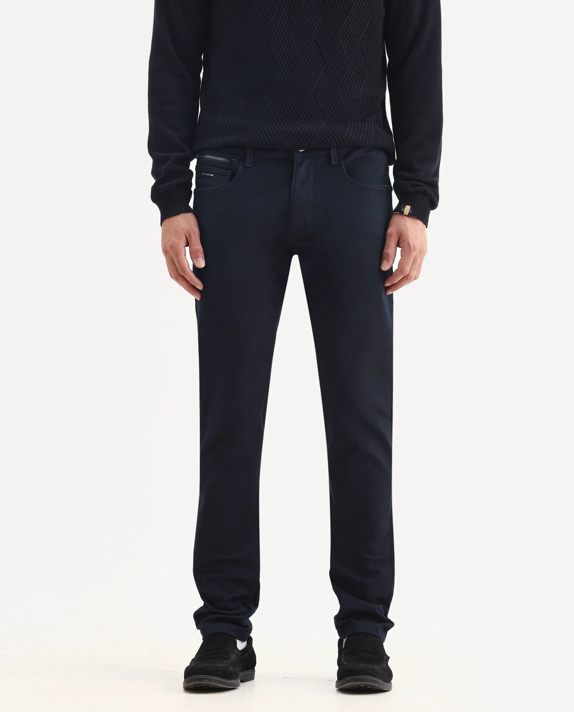 Rare Rabbit Men's Corvo Navy Cotton Blend Plain Hawk Slim Fit Jeans