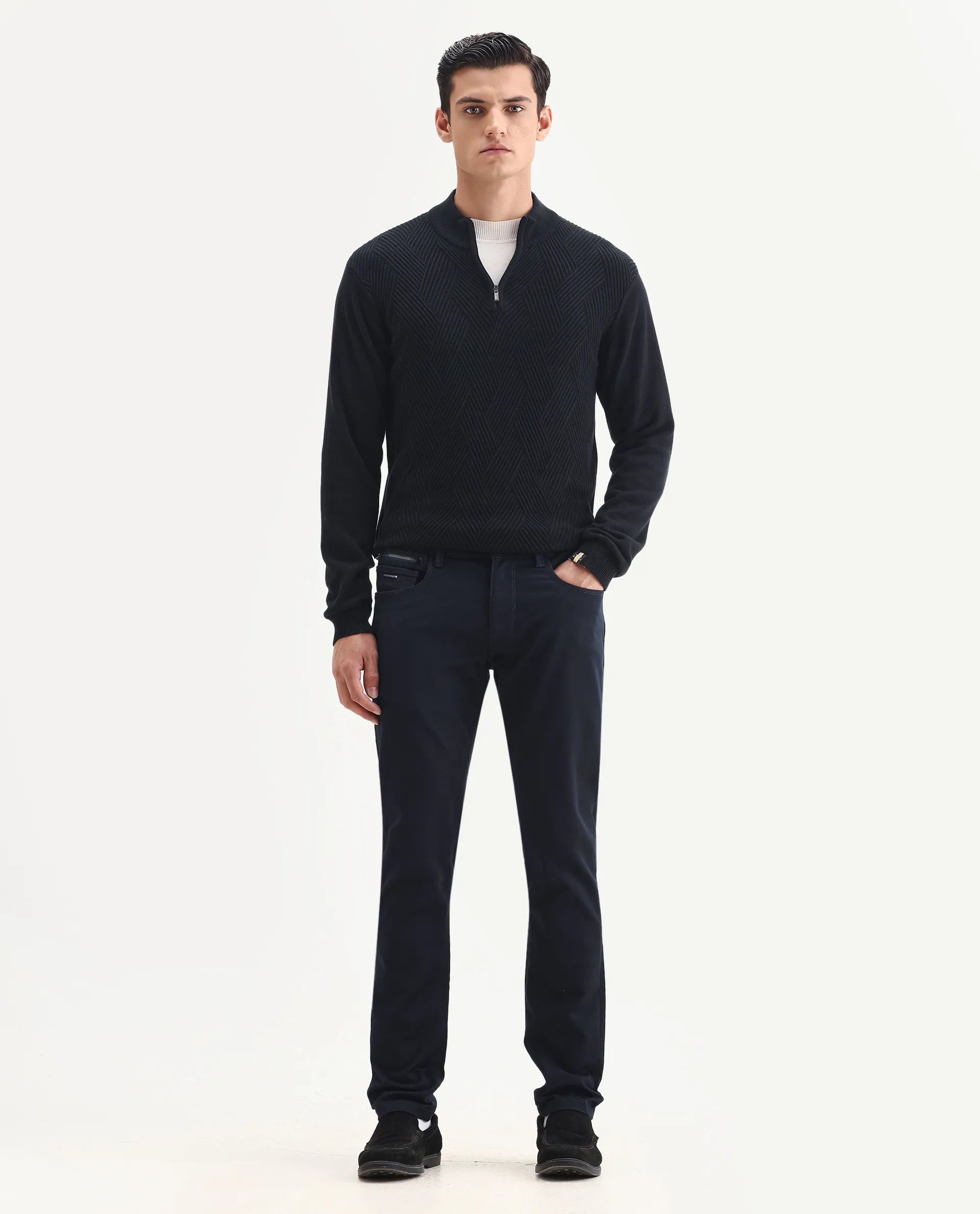 Rare Rabbit Men's Corvo Navy Cotton Blend Plain Hawk Slim Fit Jeans