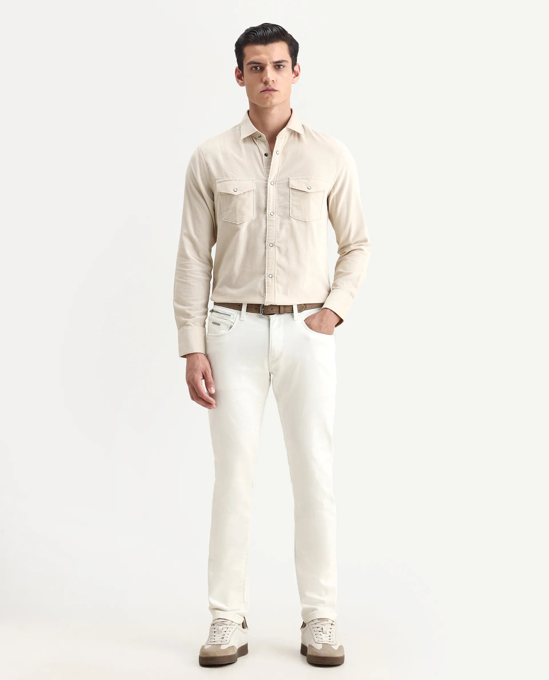 Rare Rabbit Men's Corvo Off White Cotton Blend Plain Hawk Slim Fit Jeans