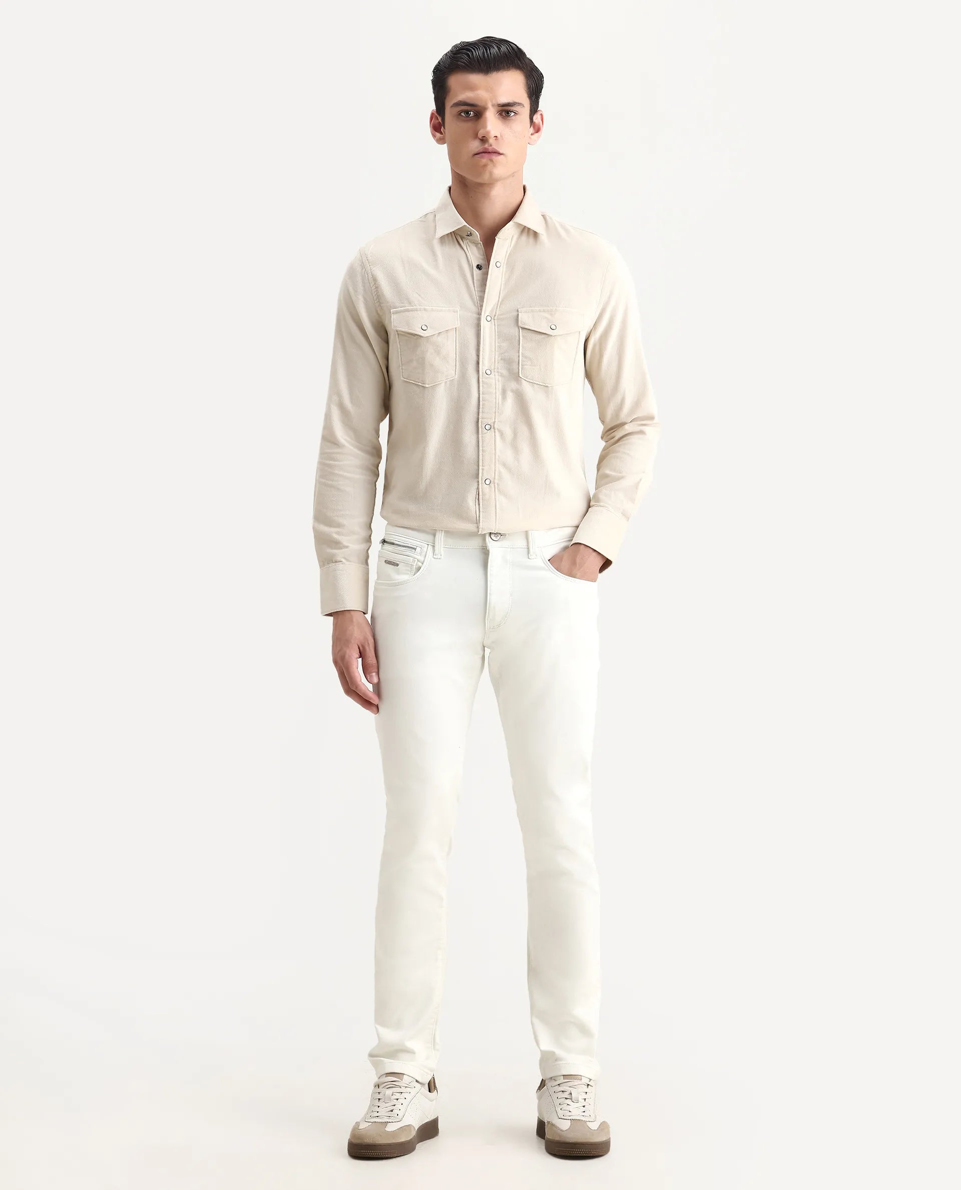 Rare Rabbit Men's Corvo Off White Cotton Blend Plain Hawk Slim Fit Jeans