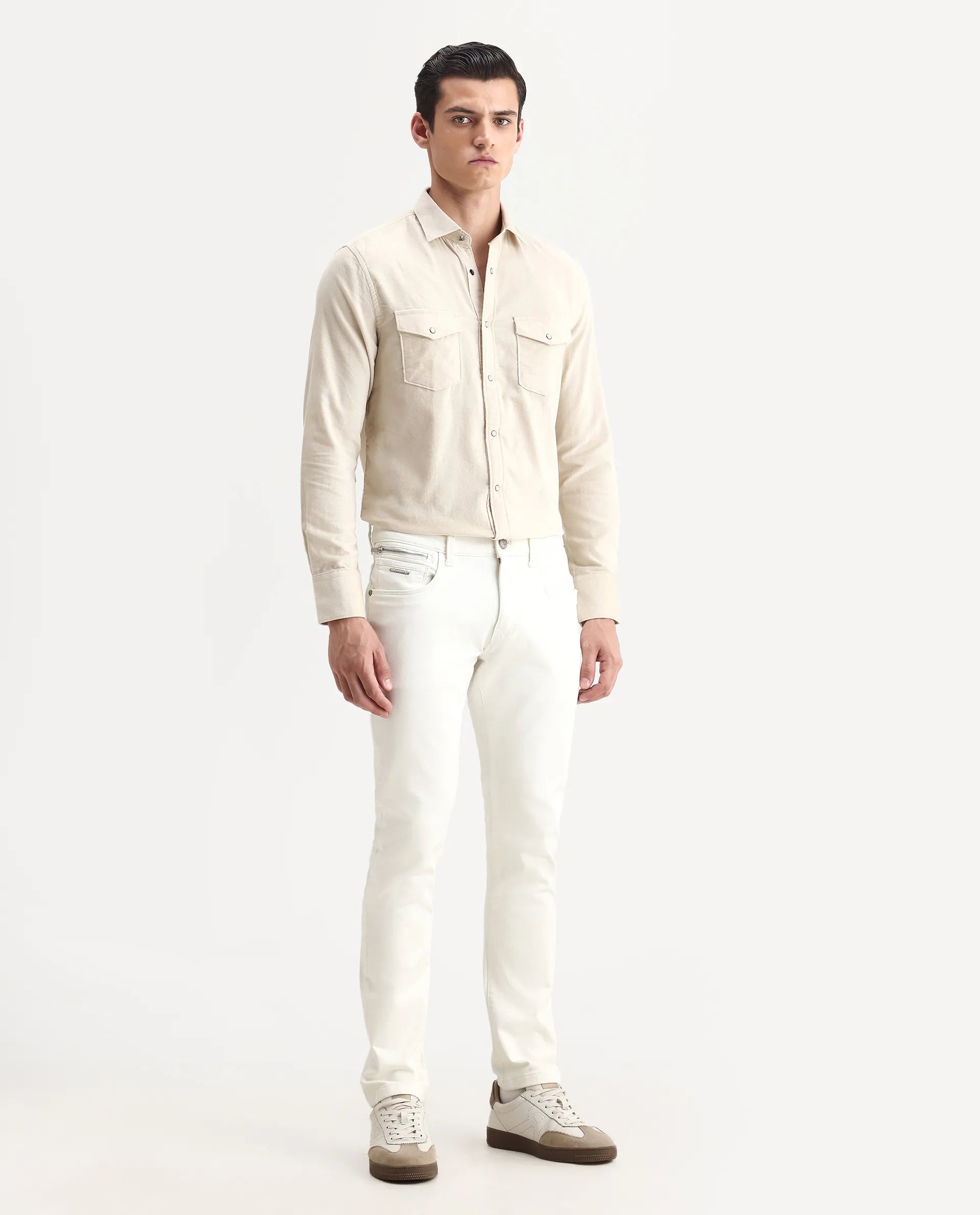 Rare Rabbit Men's Corvo Off White Cotton Blend Plain Hawk Slim Fit Jeans