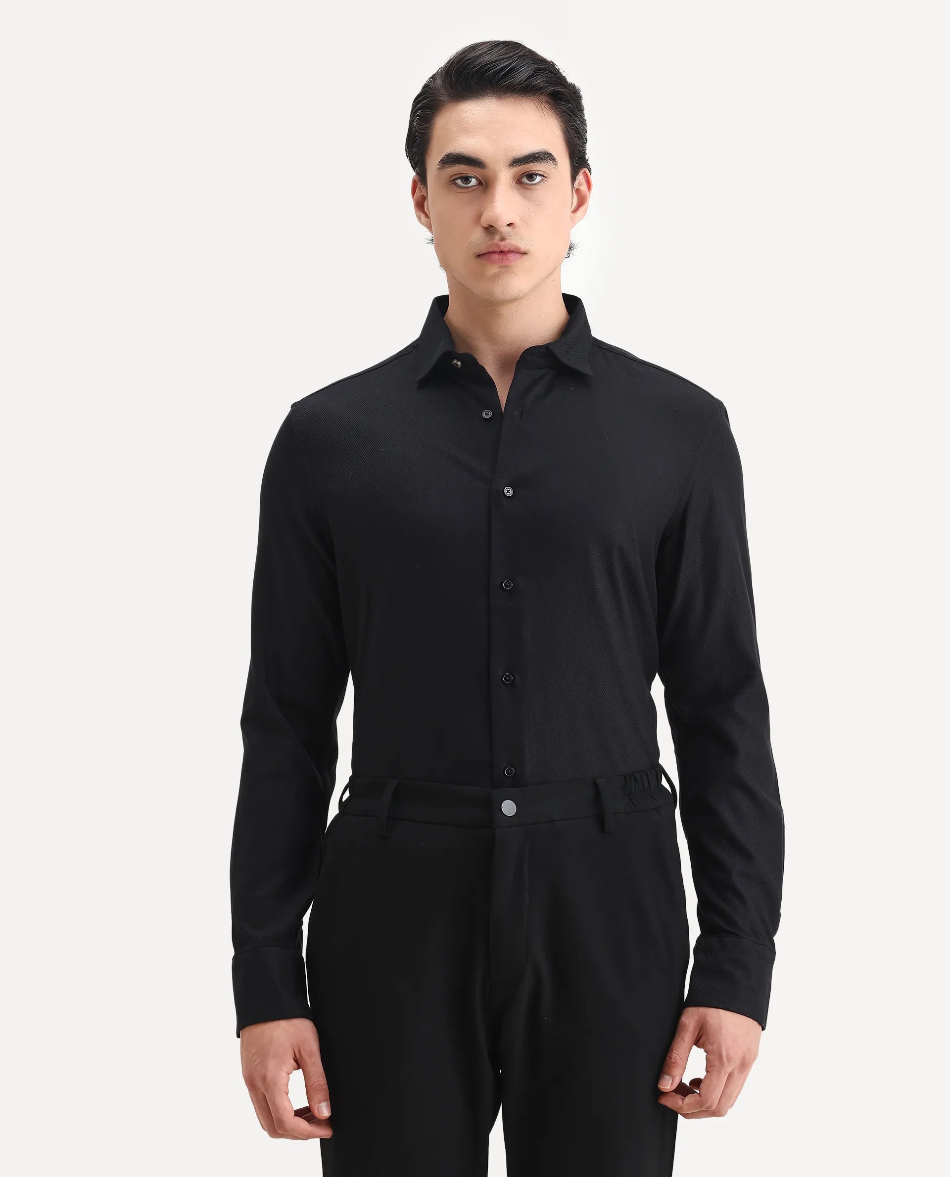 Rare Rabbit Men's Cosa-1 Black Cotton Plain Regular Fit Full Sleeve Collared Shirt