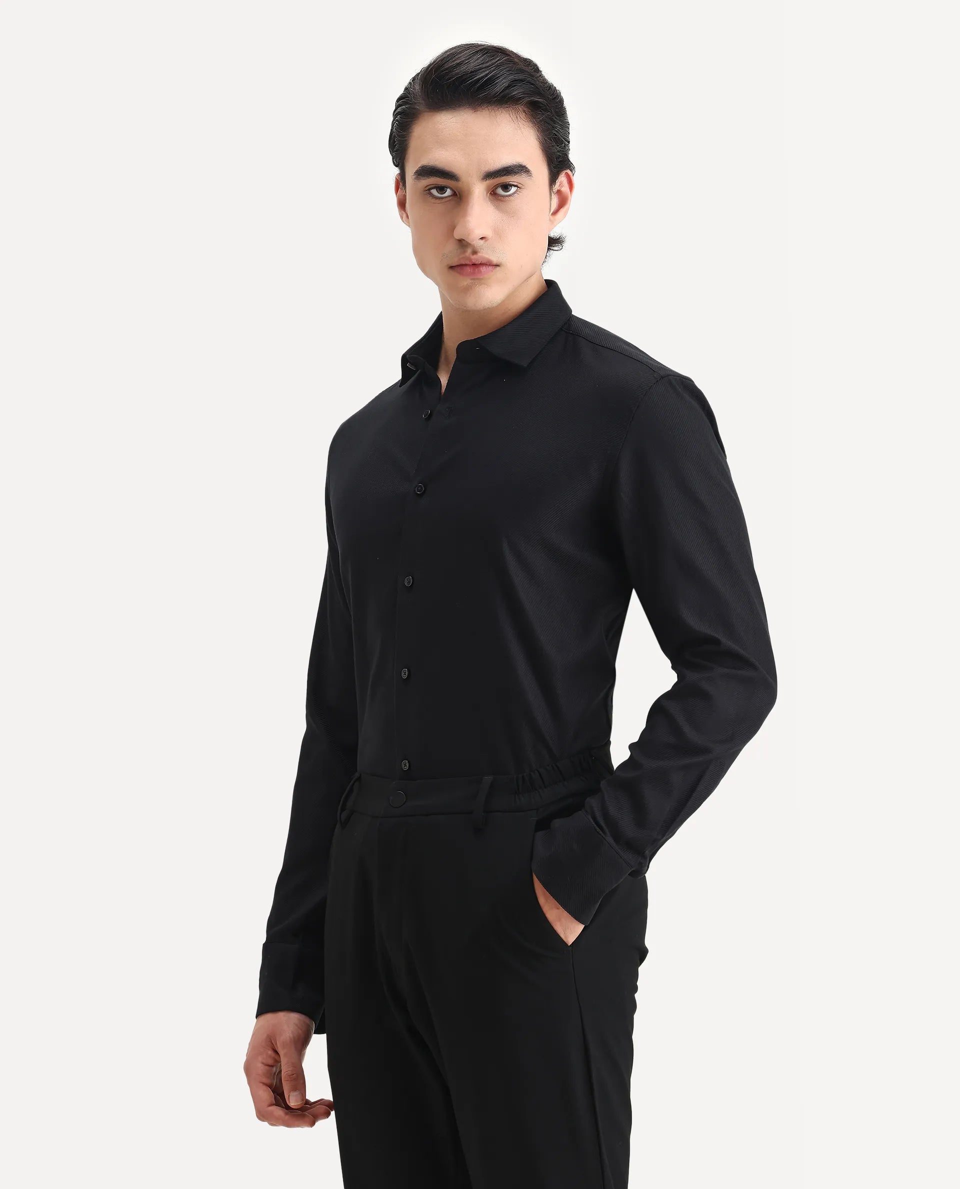 Rare Rabbit Men's Cosa-1 Black Cotton Plain Regular Fit Full Sleeve Collared Shirt