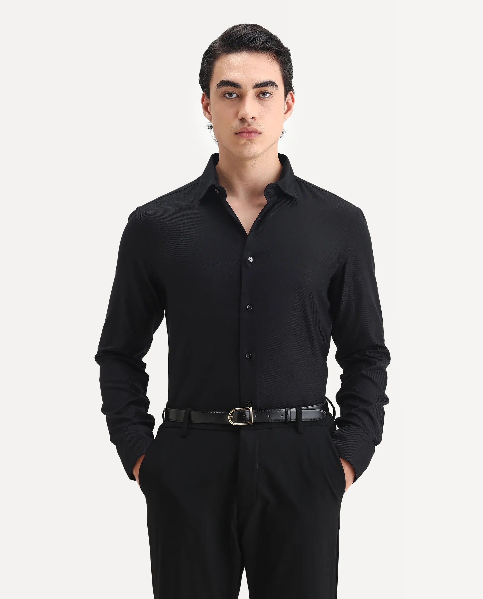 Rare Rabbit Men's Cosa-1 Black Cotton Plain Regular Fit Full Sleeve Collared Shirt