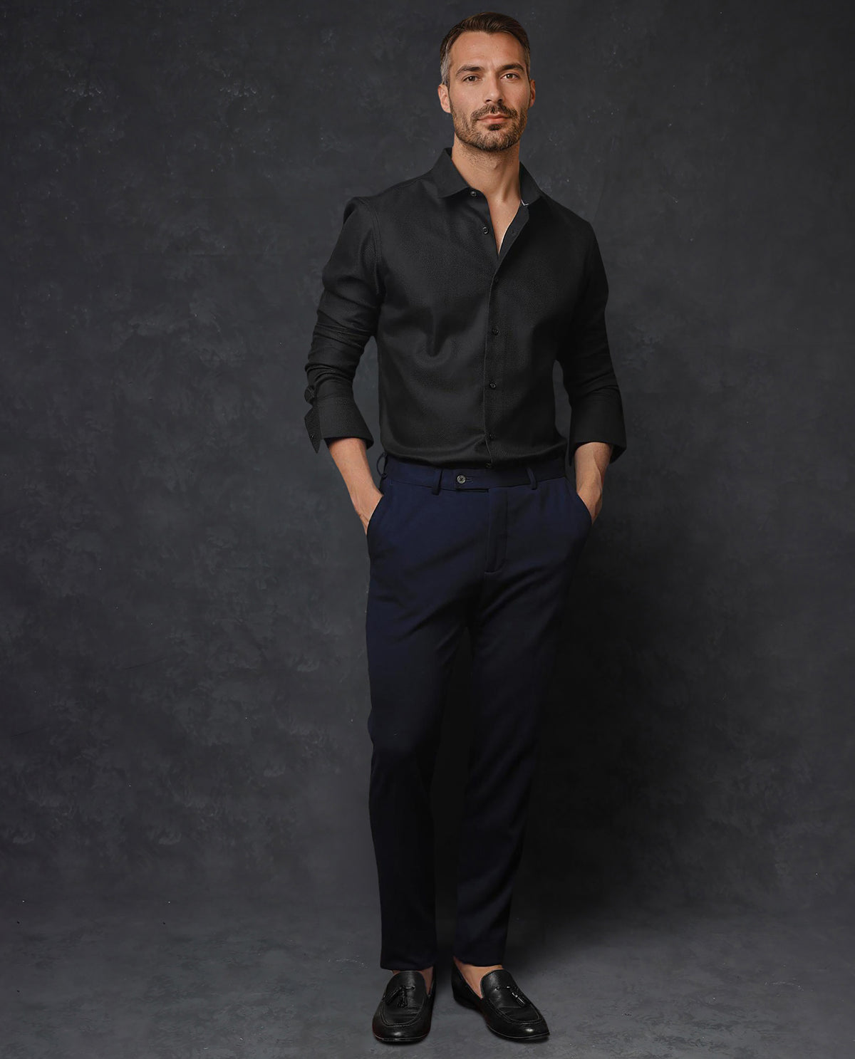 Rare Rabbit Men's Cosa Black Cotton Fabric Full Sleeves Solid Shirt