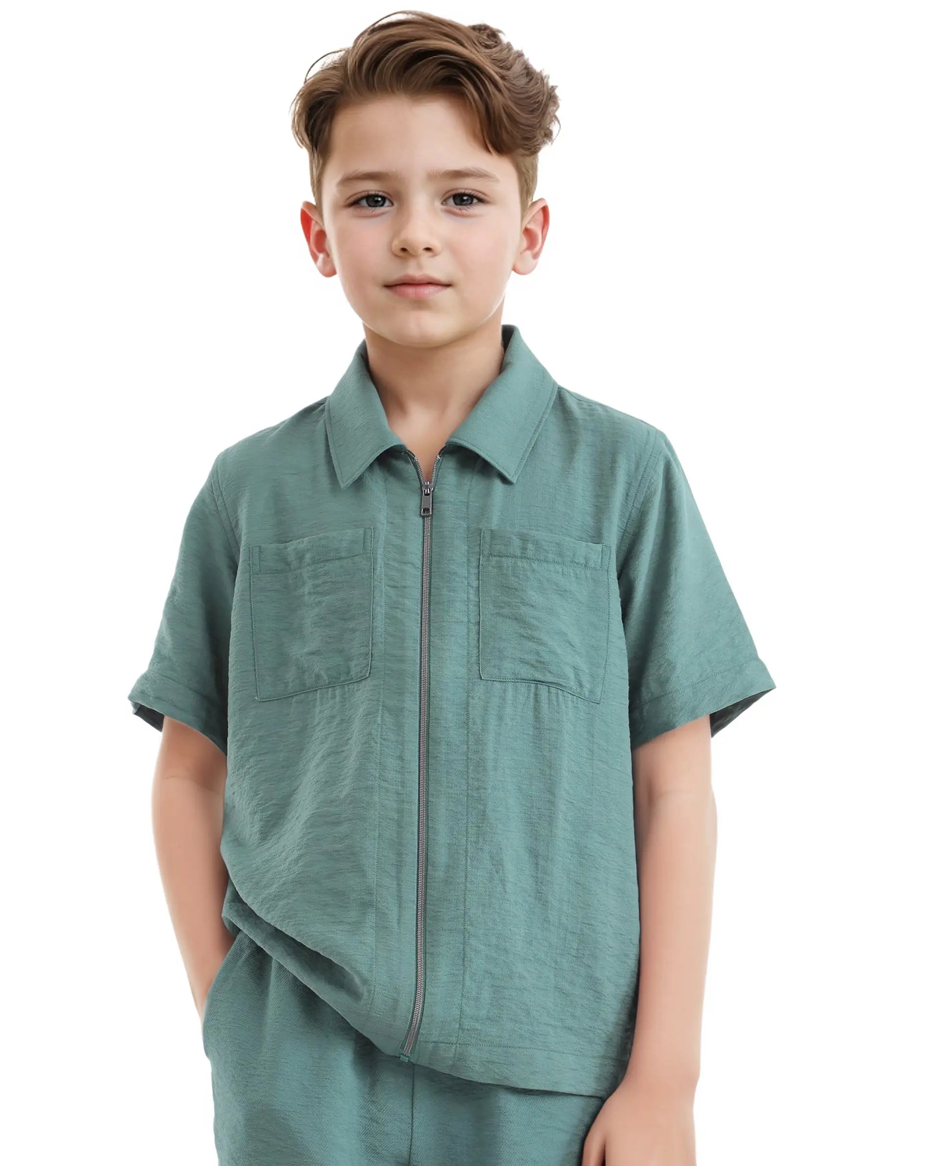 Rare Ones Kids Cose Green Viscose Half Sleeve Solid Shirt