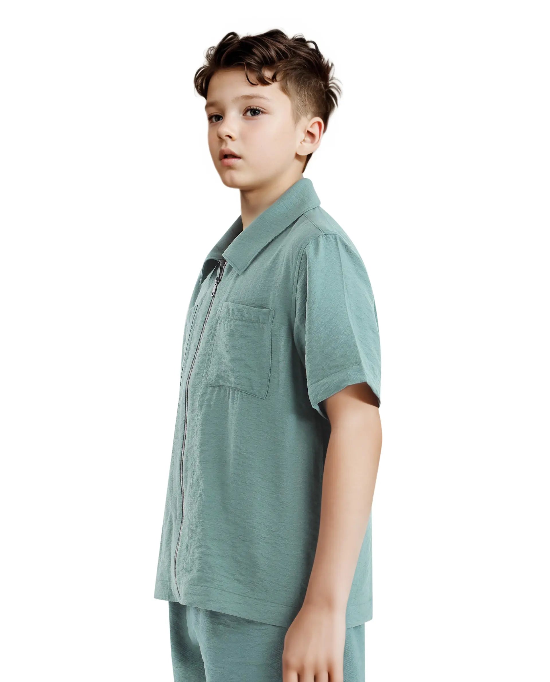 Rare Ones Kids Cose Green Viscose Half Sleeve Solid Shirt