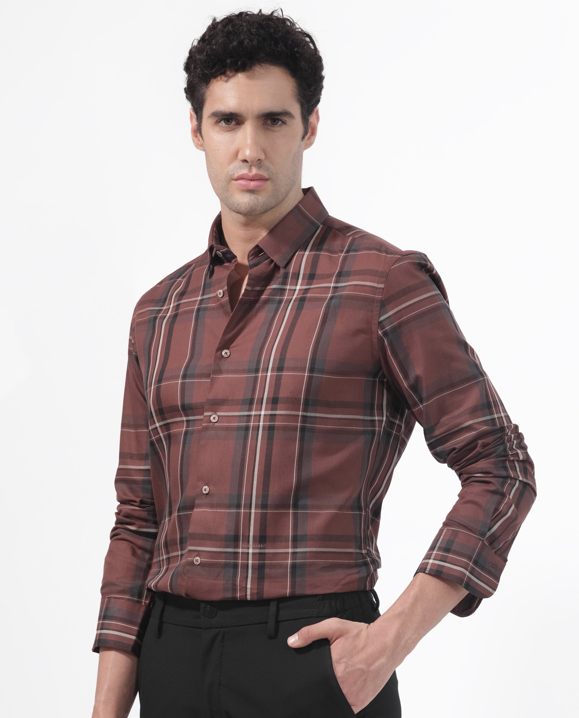 Rare Rabbit Men's Cosen Dark Brown Full Sleeves Checks Shirt