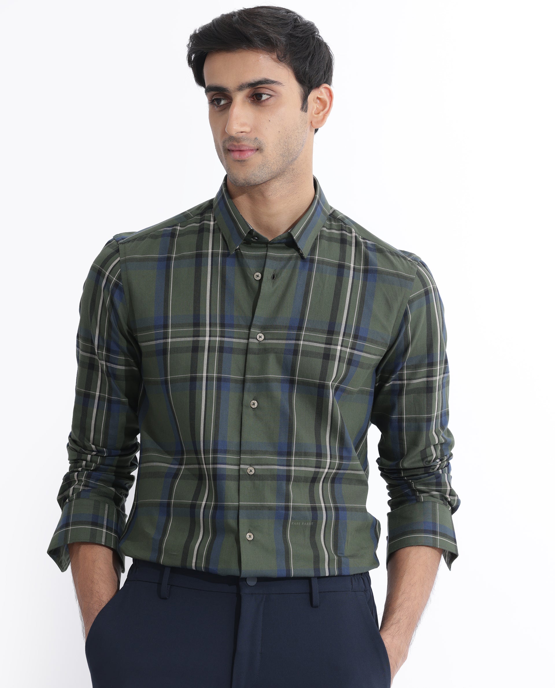 Rare Rabbit Men's Cosen Dark Green Full Sleeves Checks Shirt