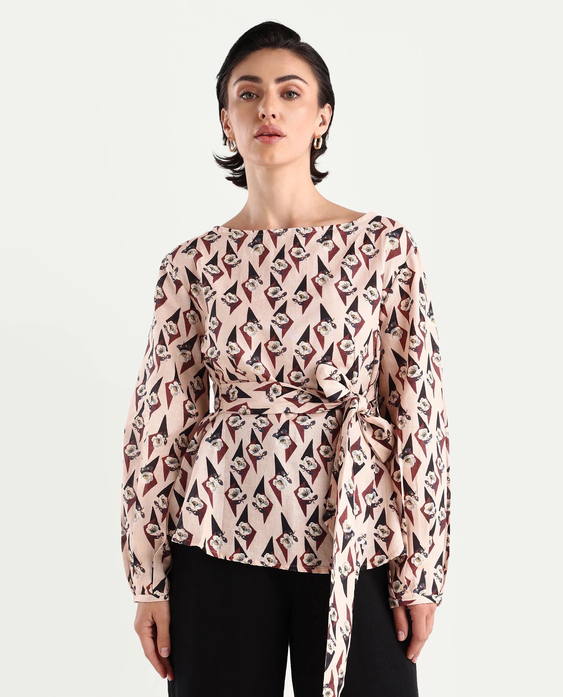 Rareism Women's Cosenza Multi Cotton Blend Boat Neck Floral Print Bishop Sleeve Regular Fit Top