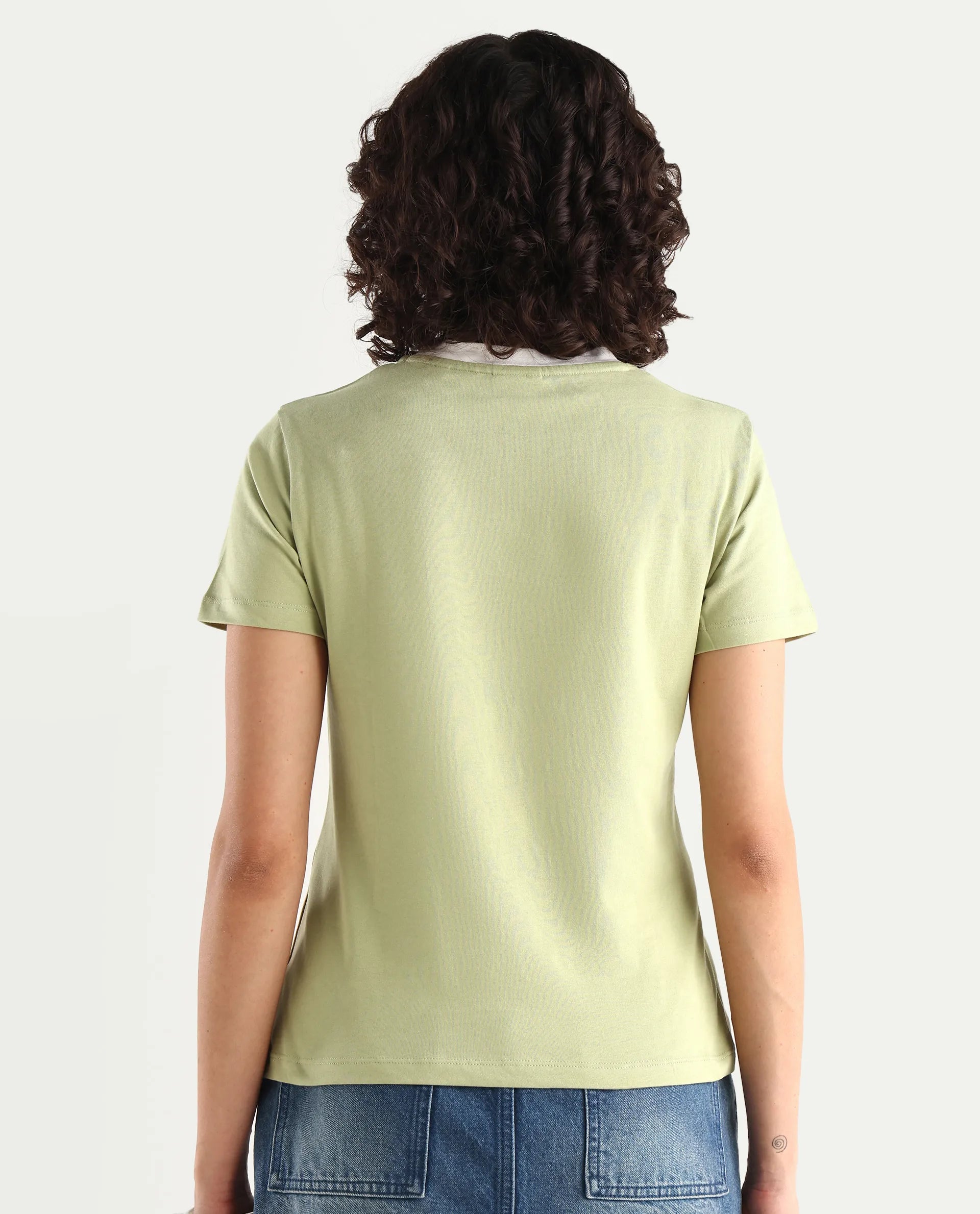 Rareism Women's Cosme Light Green Cotton Blend Crew Neck Graphic Print Regular Fit T-Shirt