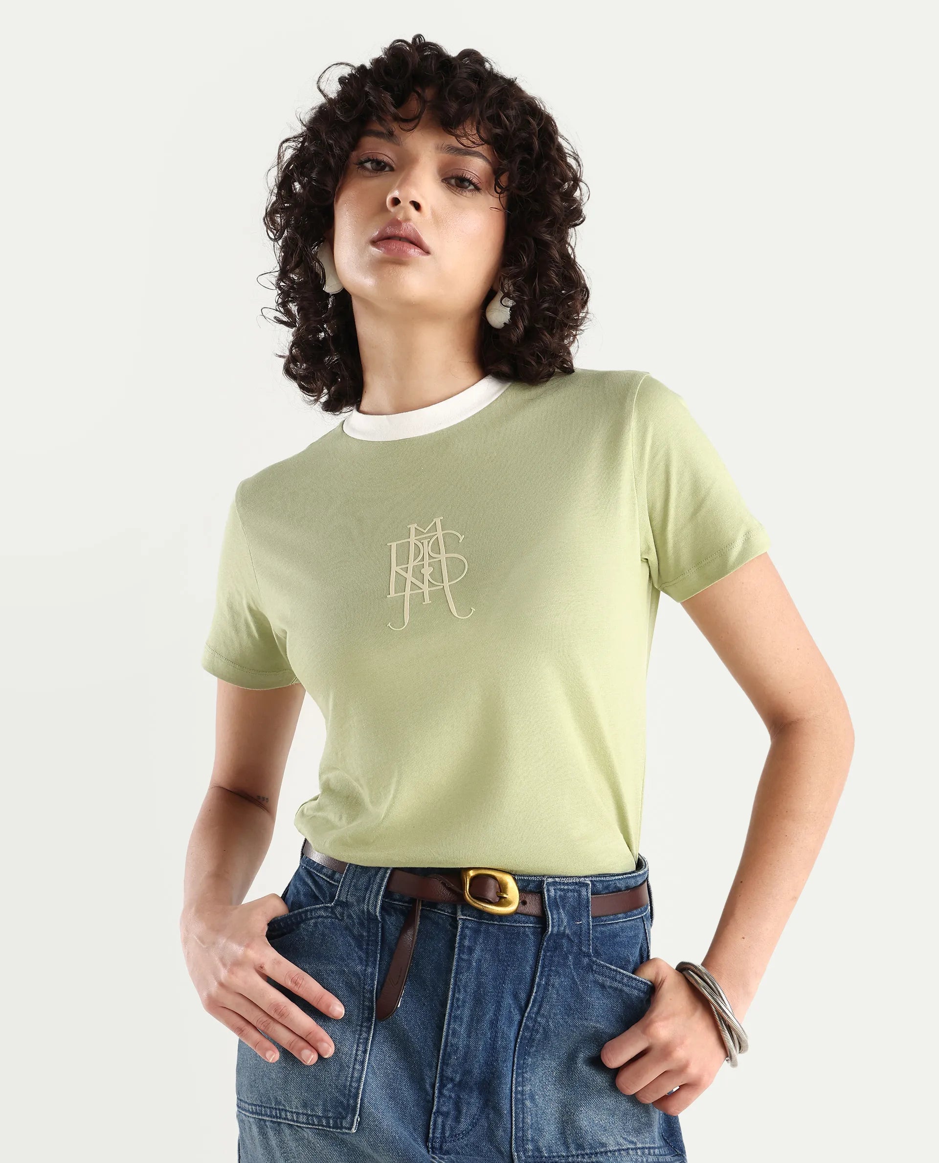 Rareism Women's Cosme Light Green Cotton Blend Crew Neck Graphic Print Regular Fit T-Shirt