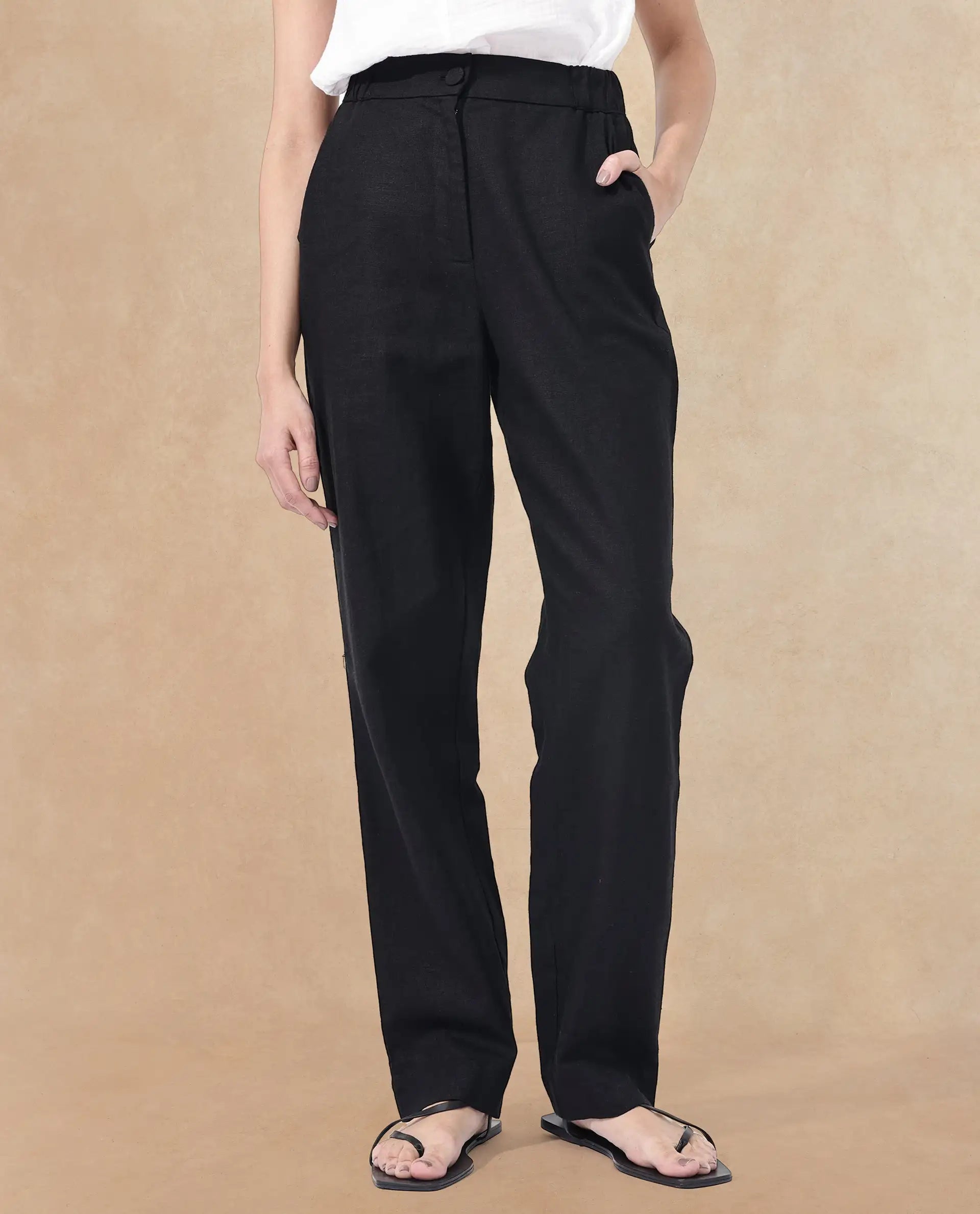 Rareism Women's Costa-B Black Linen Plain Ankle Length Tapered Trouser
