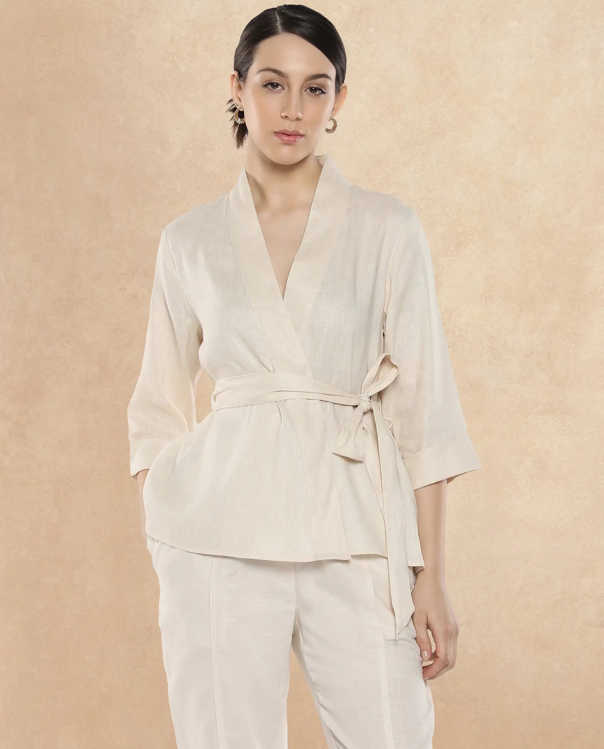 Rareism Women Costa-T Light Beige Cotton Linen Fabric Regular Sleeves Collared Neck Solid Regular Length Top