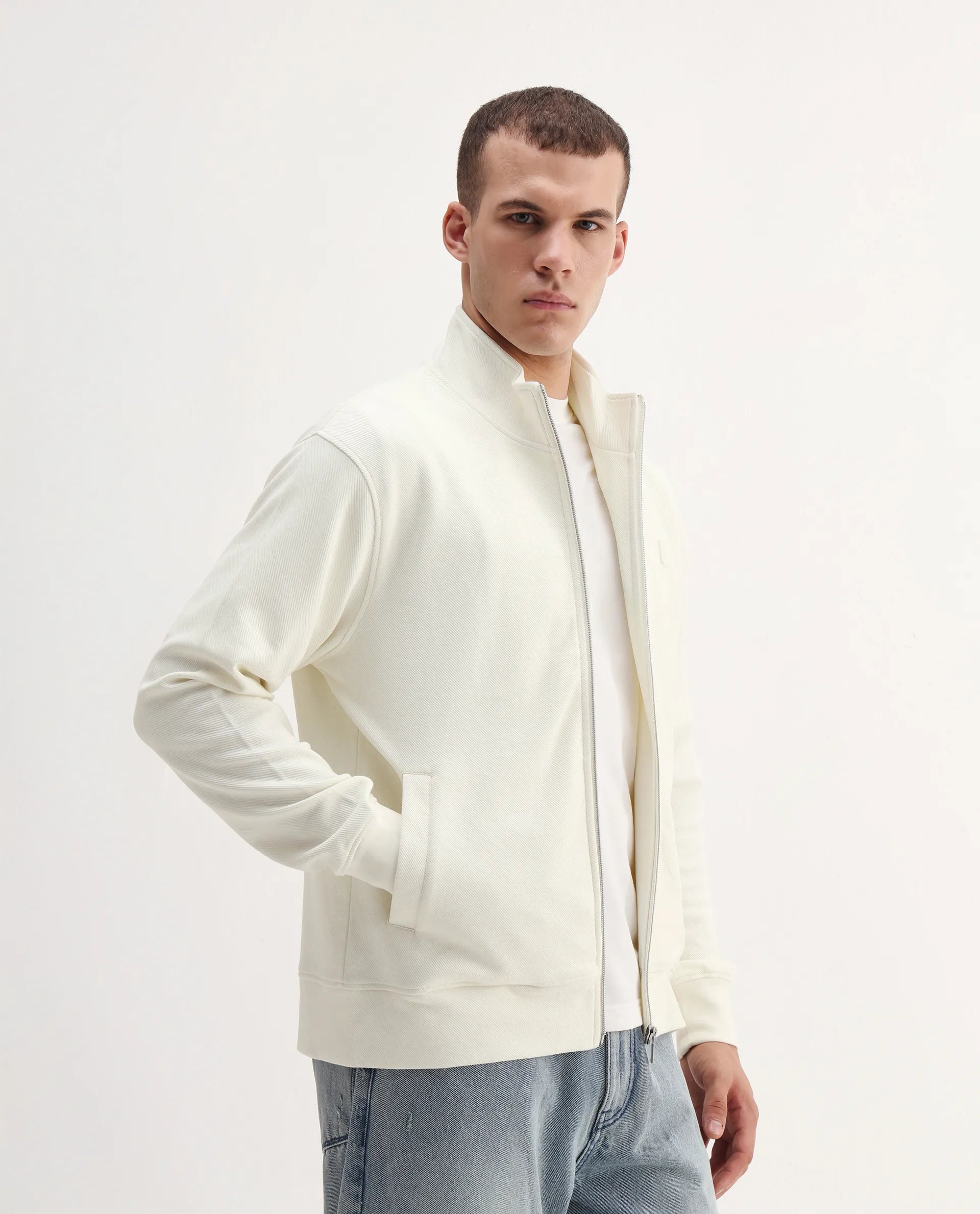 Rare Rabbit Men's Costo-J-S26 Off White Cotton Blend Fabric Full Sleeve High Neck Relaxed Fit Plain Sweatshirt