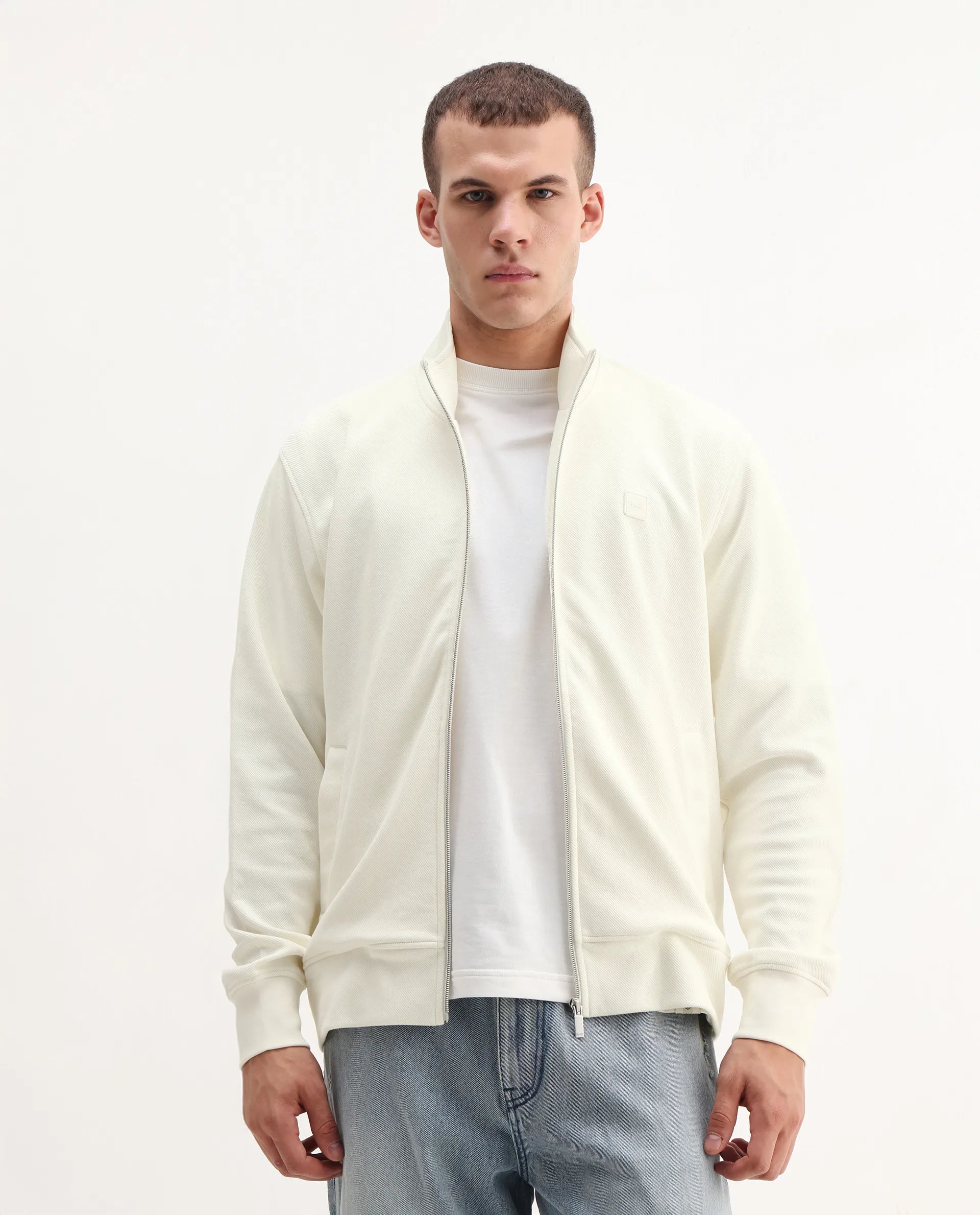 Rare Rabbit Men's Costo-J-S26 Off White Cotton Blend Fabric Full Sleeve High Neck Relaxed Fit Plain Sweatshirt