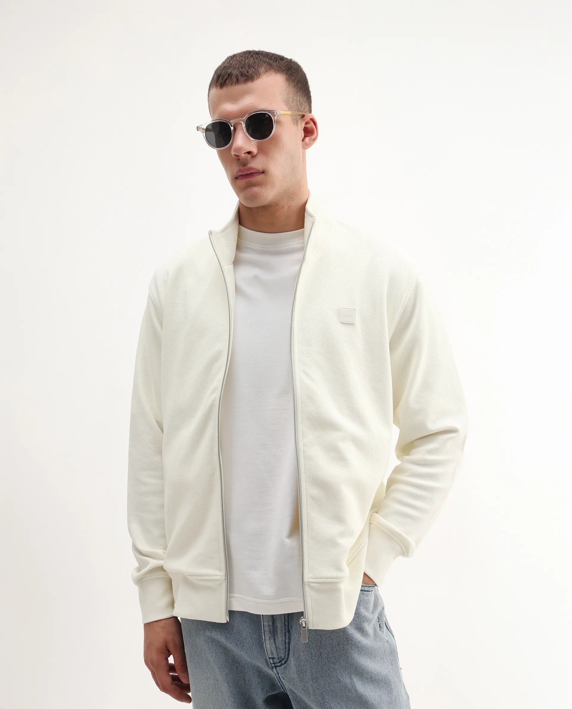 Rare Rabbit Men's Costo-J-S26 Off White Cotton Blend Fabric Full Sleeve High Neck Relaxed Fit Plain Sweatshirt