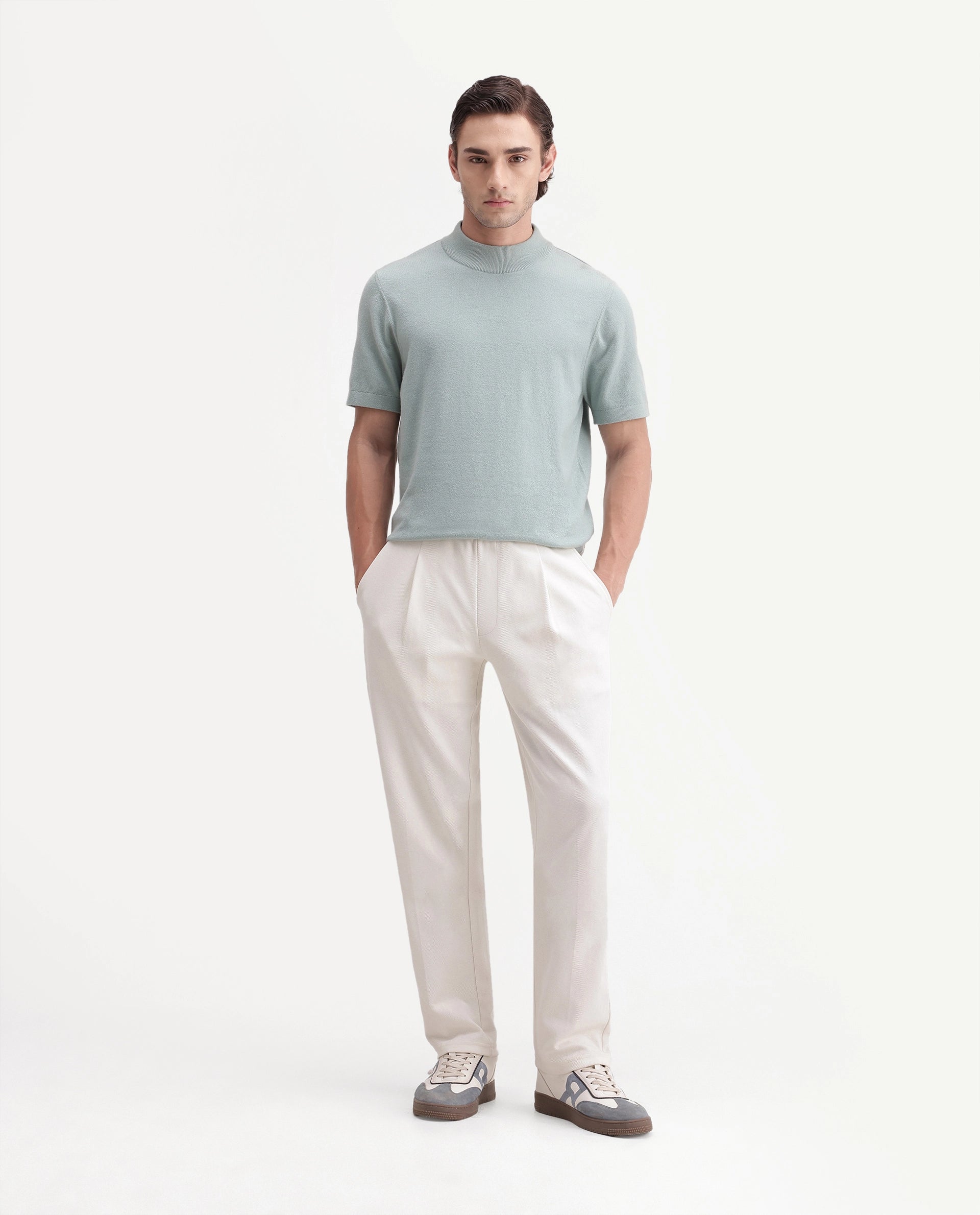 Rare Rabbit Men's Costo-T-A26 Off White Cotton Blend Relaxed Plain Track Pant