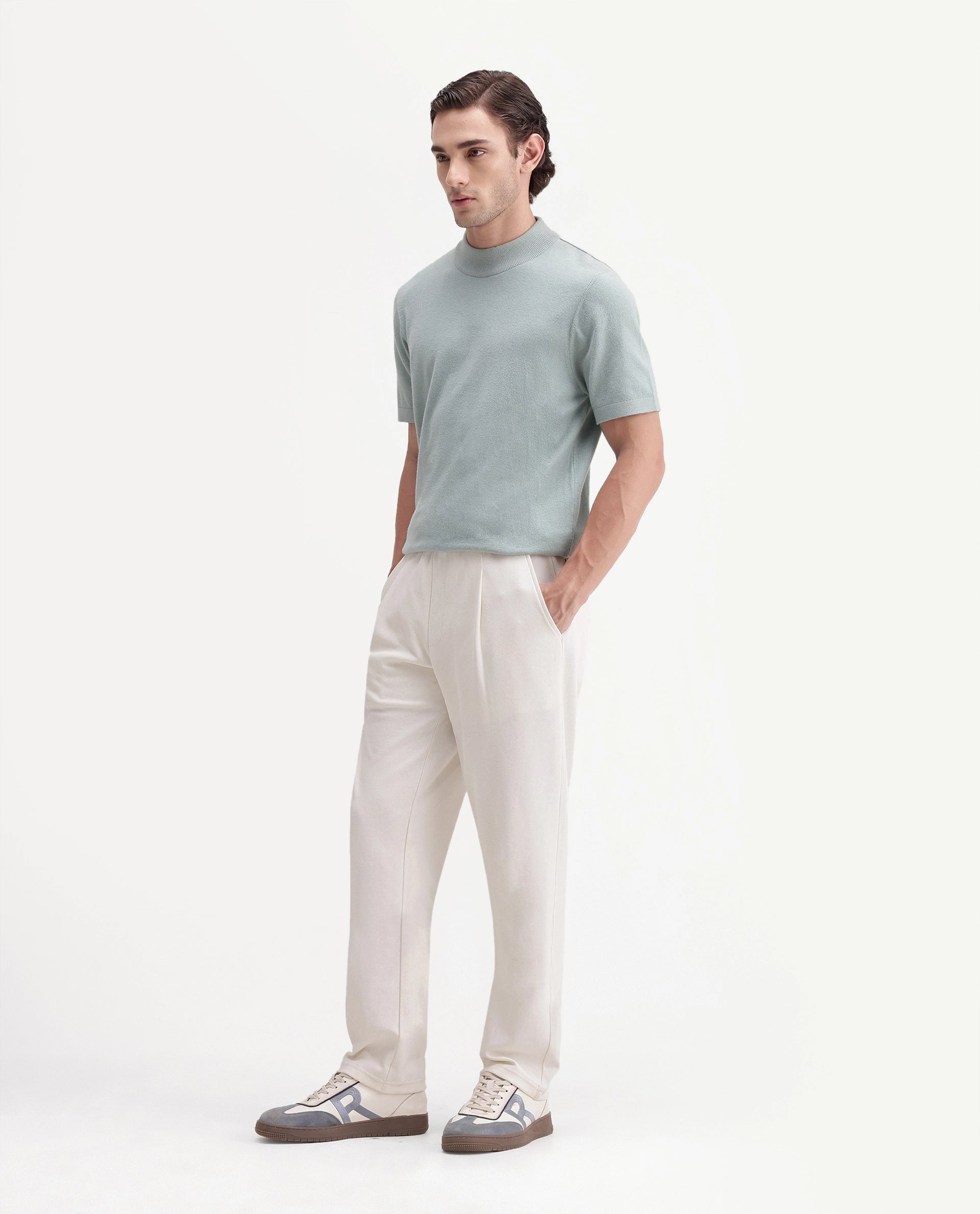 Rare Rabbit Men's Costo-T-A26 Off White Cotton Blend Relaxed Plain Track Pant