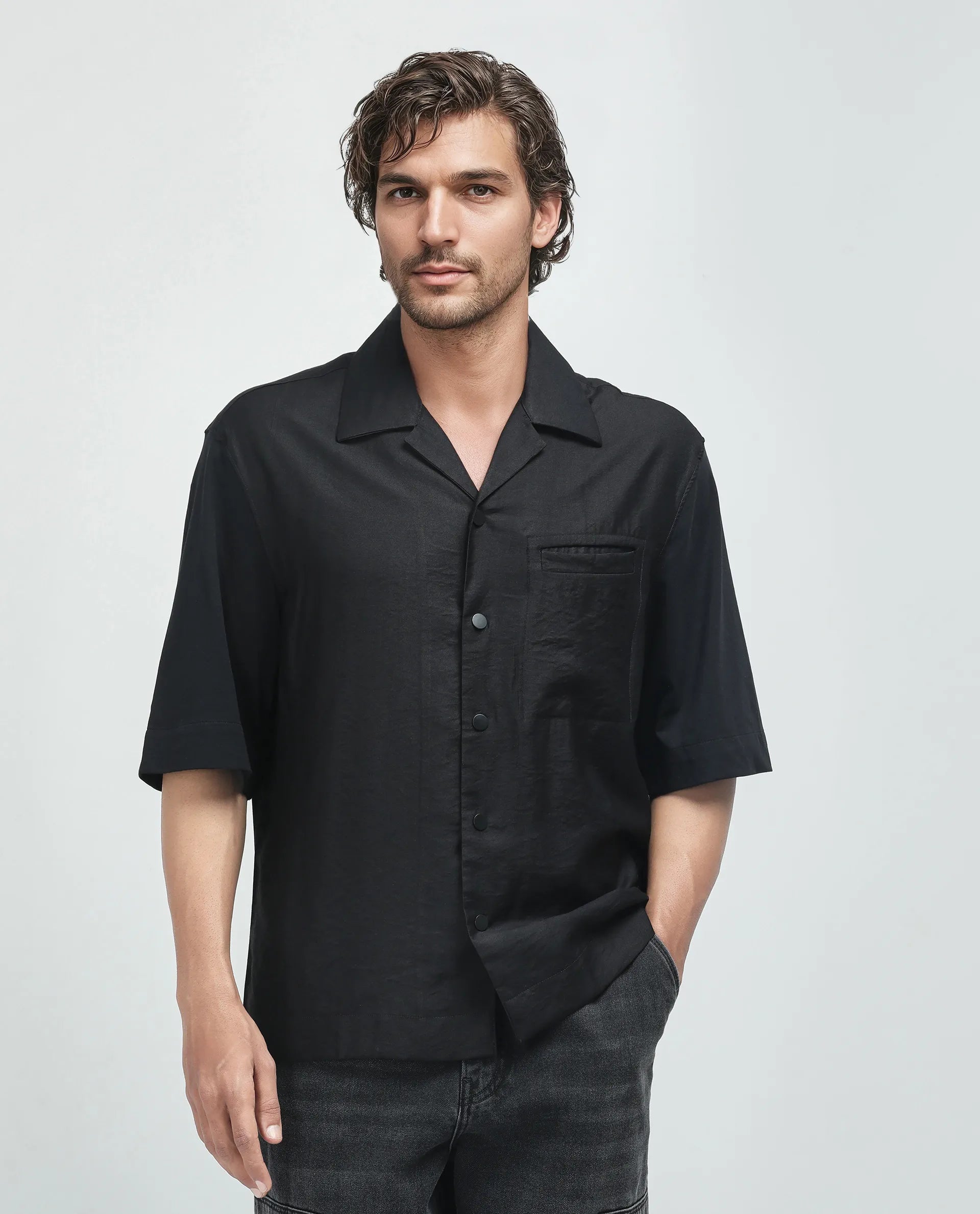 Rare Rabbit Men's Costo Black Viscose Nylon Fabric Half Sleeve Cuban Collar Button Closure Boxy Fit Color Block Shirt