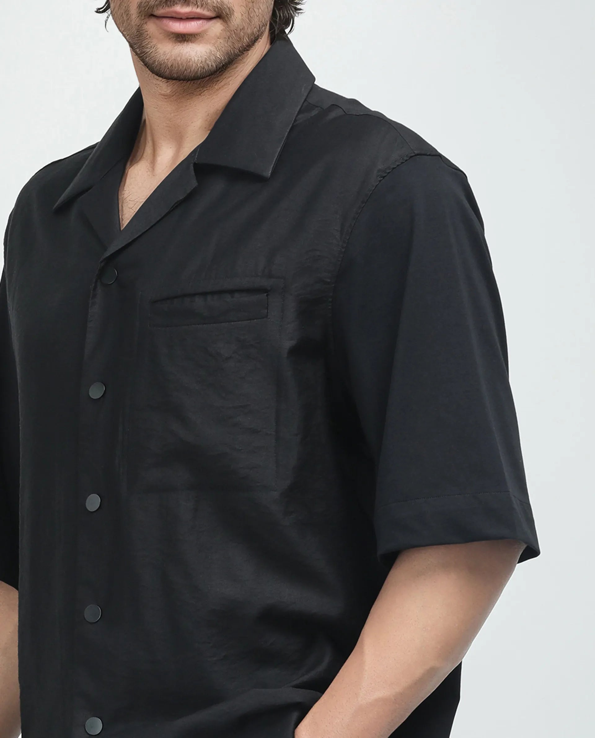 Rare Rabbit Men's Costo Black Viscose Nylon Fabric Half Sleeve Cuban Collar Button Closure Boxy Fit Color Block Shirt