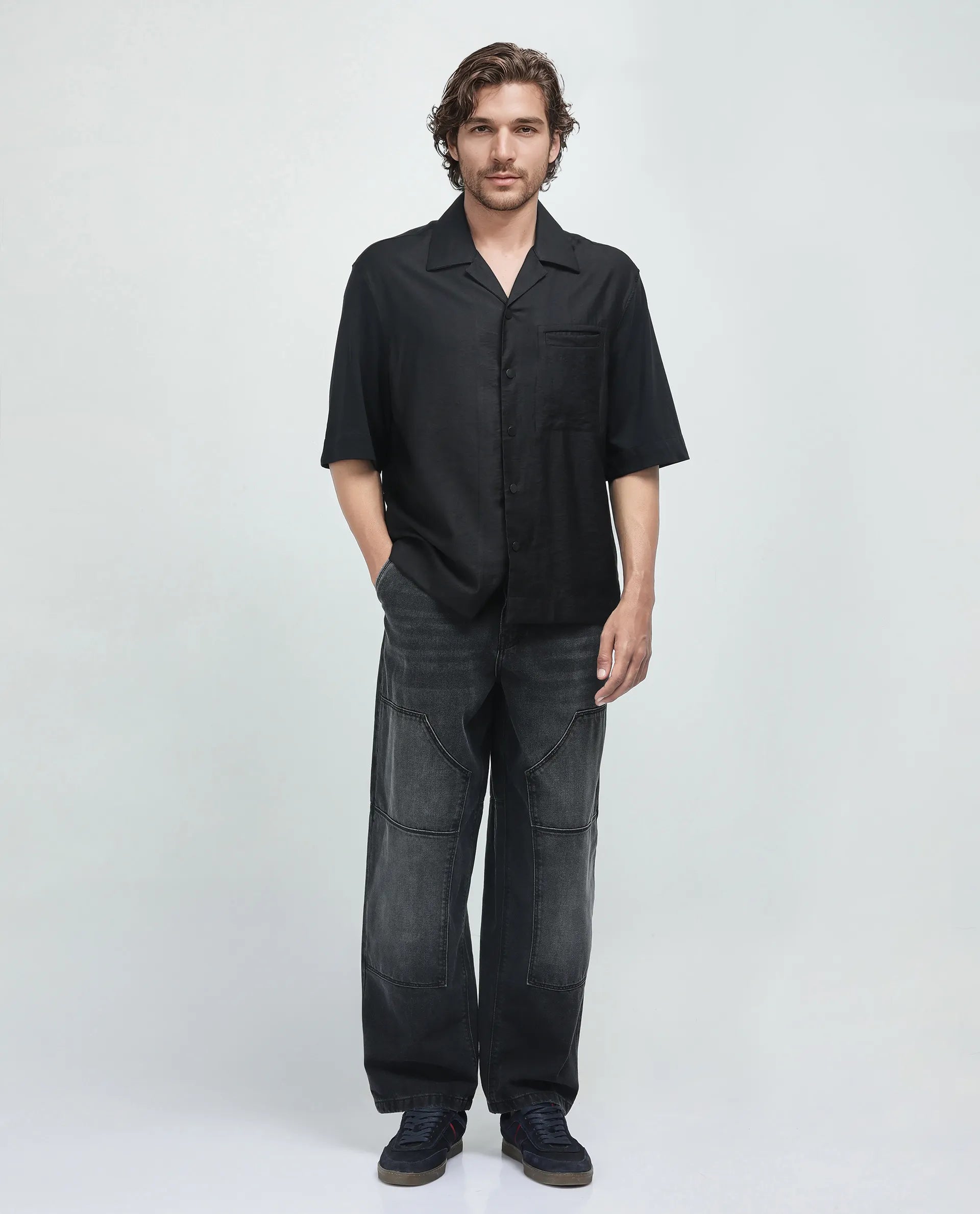 Rare Rabbit Men's Costo Black Viscose Nylon Fabric Half Sleeve Cuban Collar Button Closure Boxy Fit Color Block Shirt