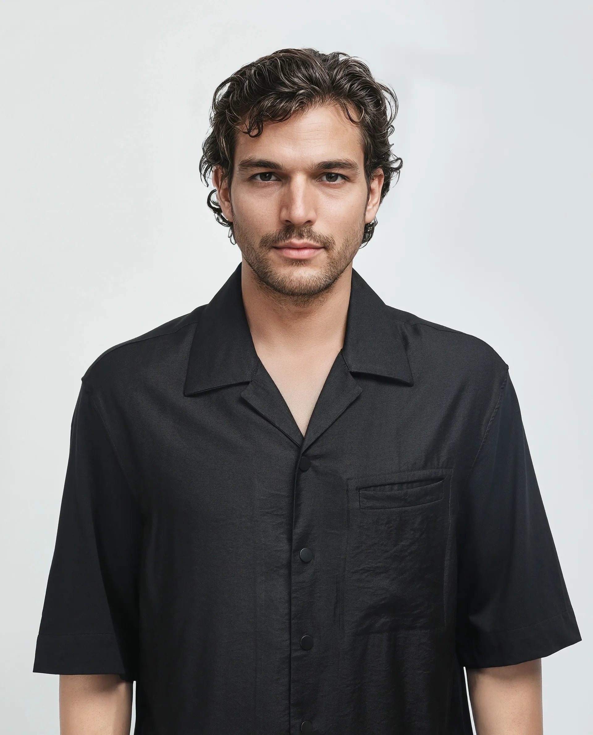 Rare Rabbit Men's Costo Black Viscose Nylon Fabric Half Sleeve Cuban Collar Button Closure Boxy Fit Color Block Shirt