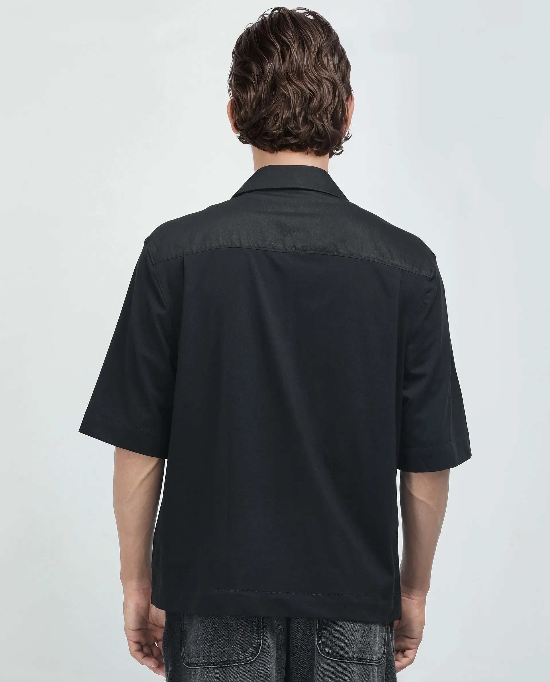 Rare Rabbit Men's Costo Black Viscose Nylon Fabric Half Sleeve Cuban Collar Button Closure Boxy Fit Color Block Shirt