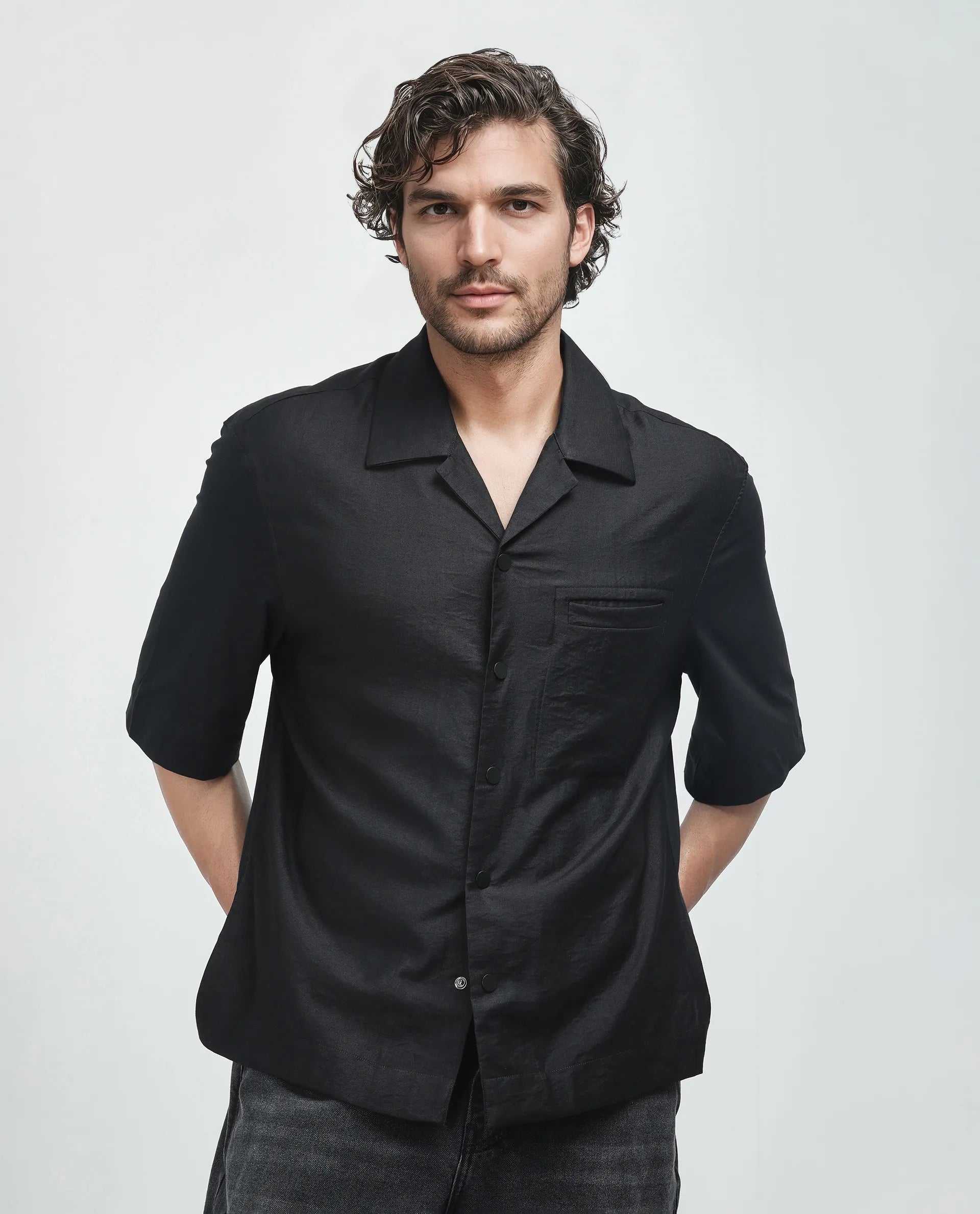 Rare Rabbit Men's Costo Black Viscose Nylon Fabric Half Sleeve Cuban Collar Button Closure Boxy Fit Color Block Shirt