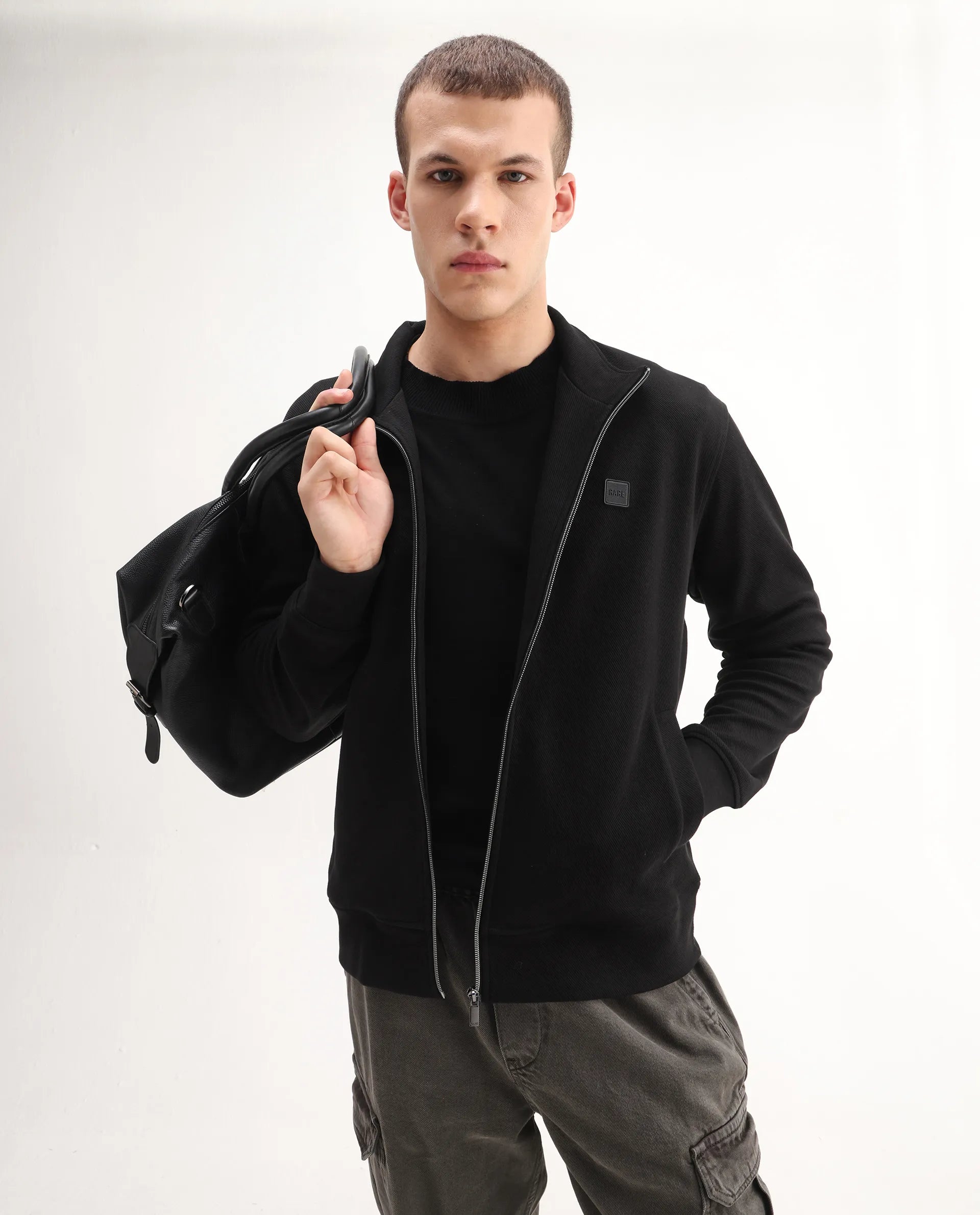 Rare Rabbit Men's Costo-J-S26 Black Cotton Blend Fabric Full Sleeve High Neck Relaxed Fit Plain Sweatshirt