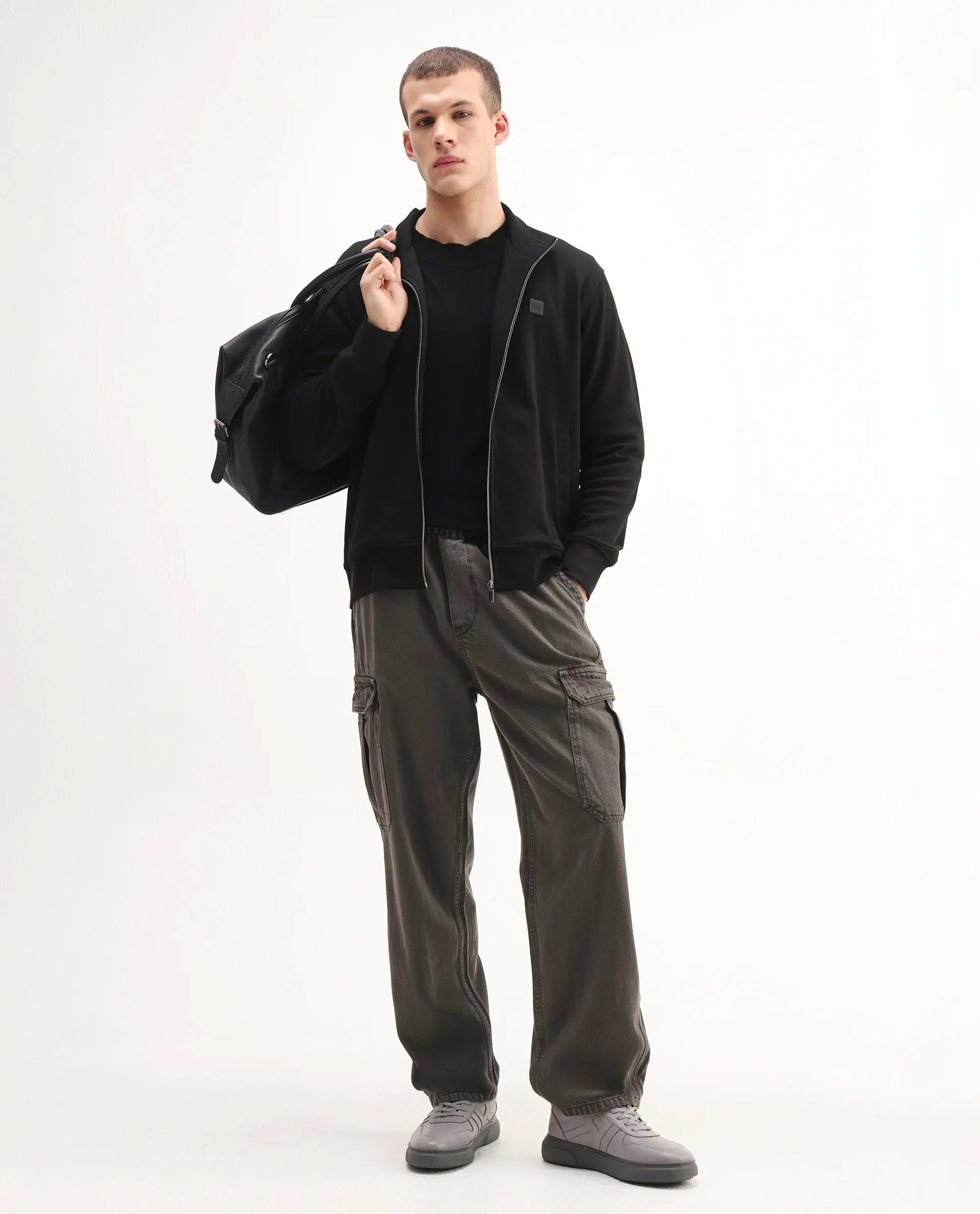 Rare Rabbit Men's Costo-J-S26 Black Cotton Blend Fabric Full Sleeve High Neck Relaxed Fit Plain Sweatshirt