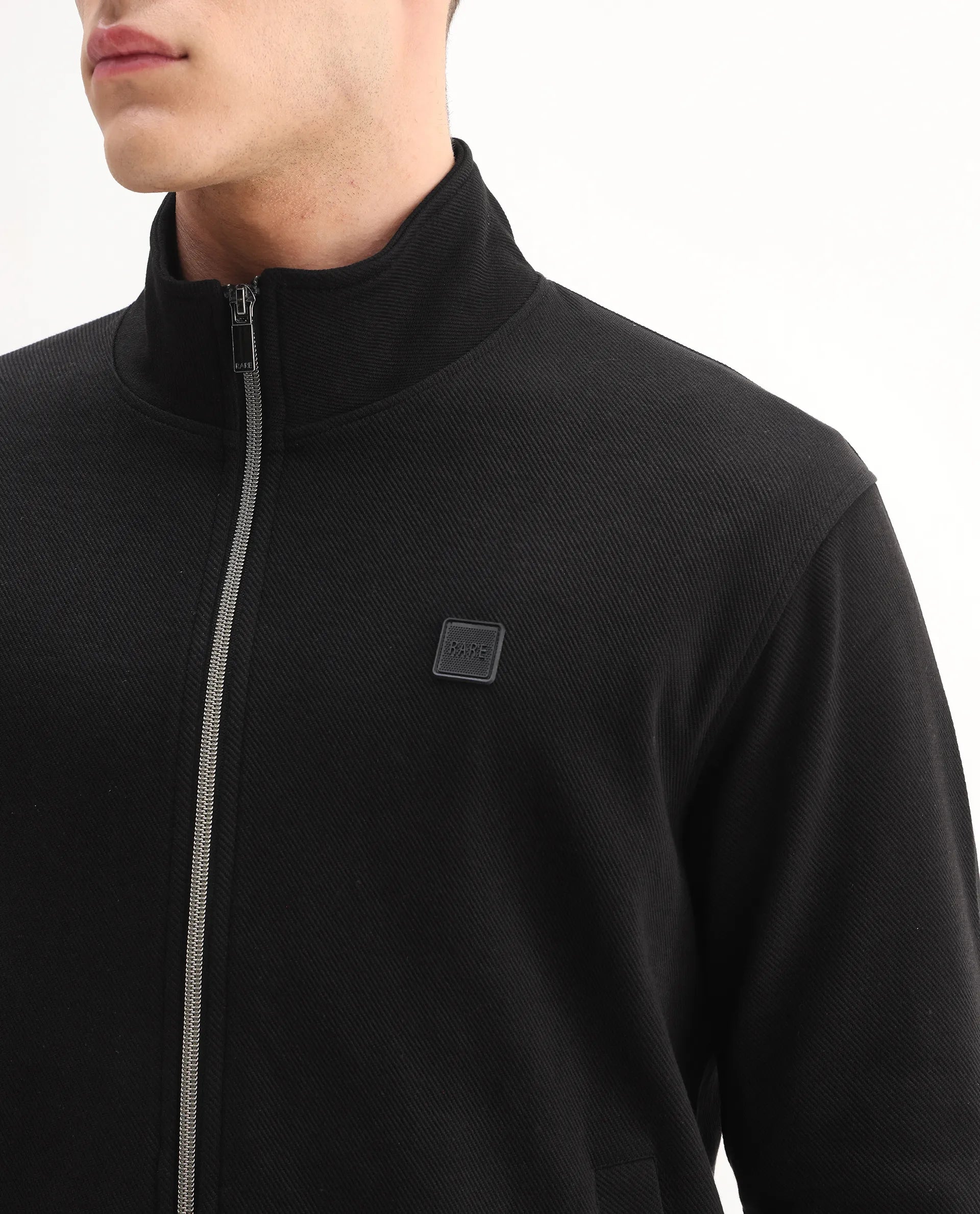 Rare Rabbit Men's Costo-J-S26 Black Cotton Blend Fabric Full Sleeve High Neck Relaxed Fit Plain Sweatshirt