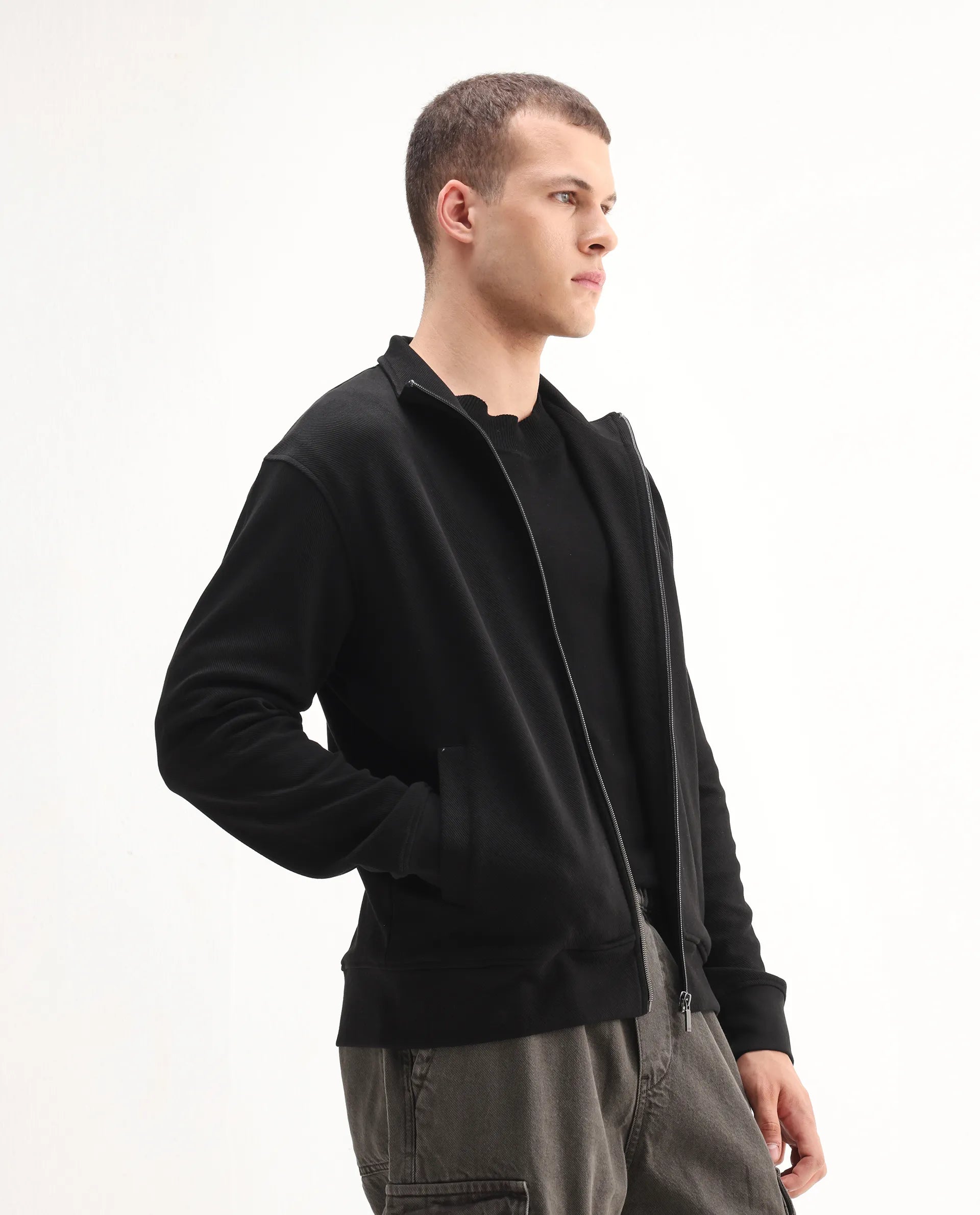 Rare Rabbit Men's Costo-J-S26 Black Cotton Blend Fabric Full Sleeve High Neck Relaxed Fit Plain Sweatshirt