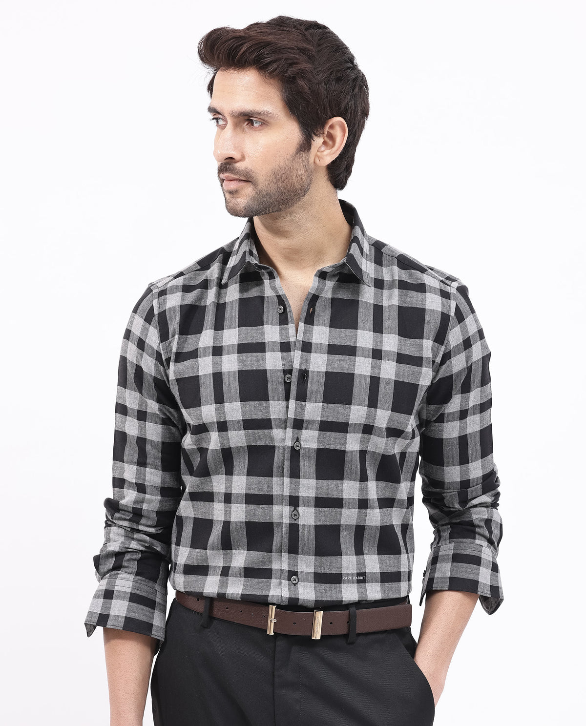 Rare Rabbit Mens Costy Black Cotton Fabric Full Sleeve Regular Fit Checks Shirt