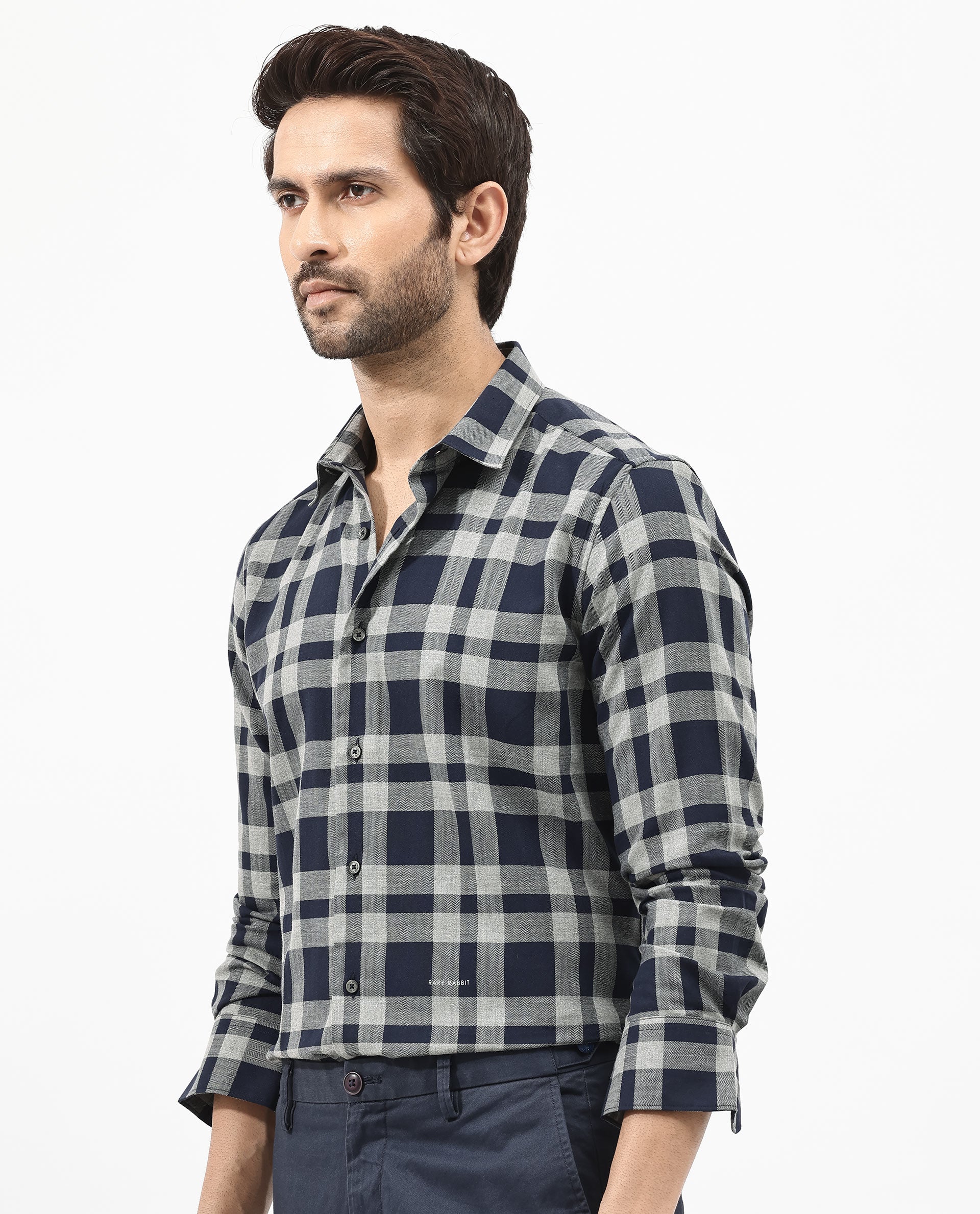 Rare Rabbit Mens Costy Navy Cotton Fabric Full Sleeve Regular Fit Checks Shirt