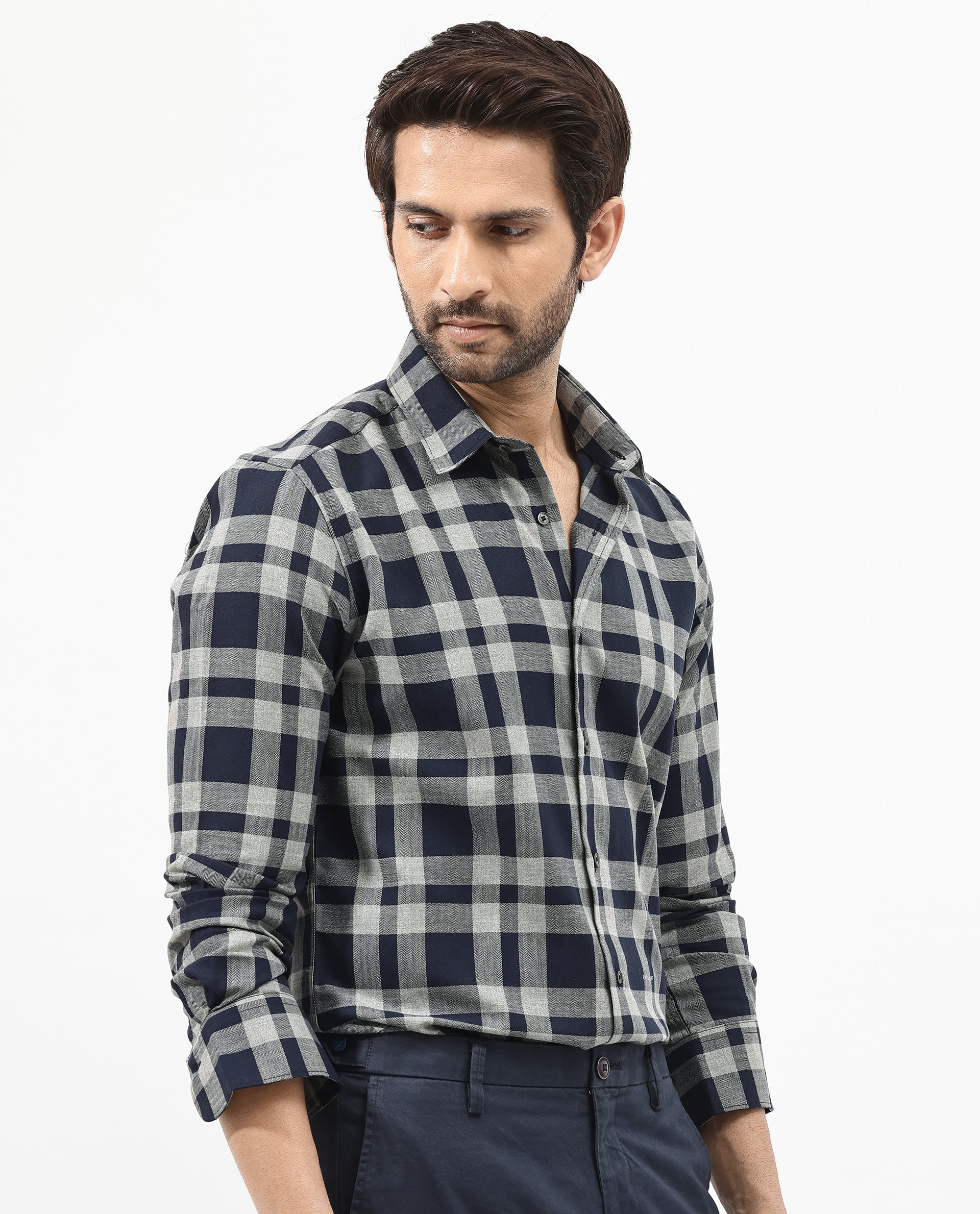 Rare Rabbit Mens Costy Navy Cotton Fabric Full Sleeve Regular Fit Checks Shirt