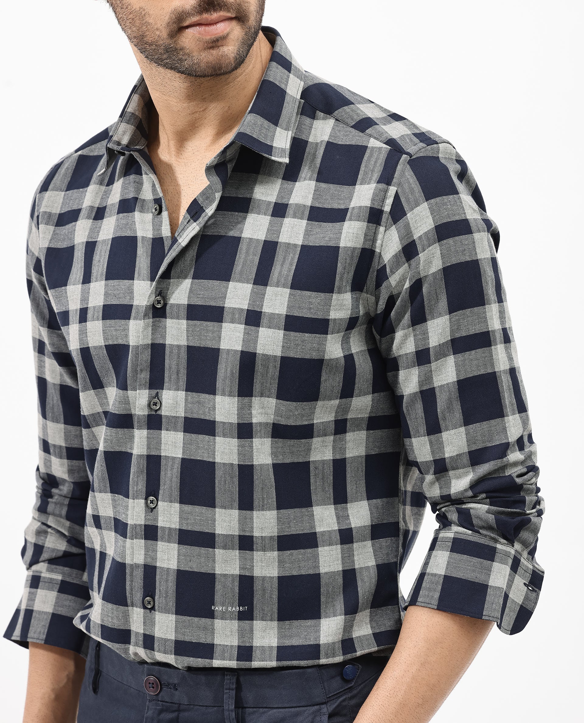Rare Rabbit Mens Costy Navy Cotton Fabric Full Sleeve Regular Fit Checks Shirt
