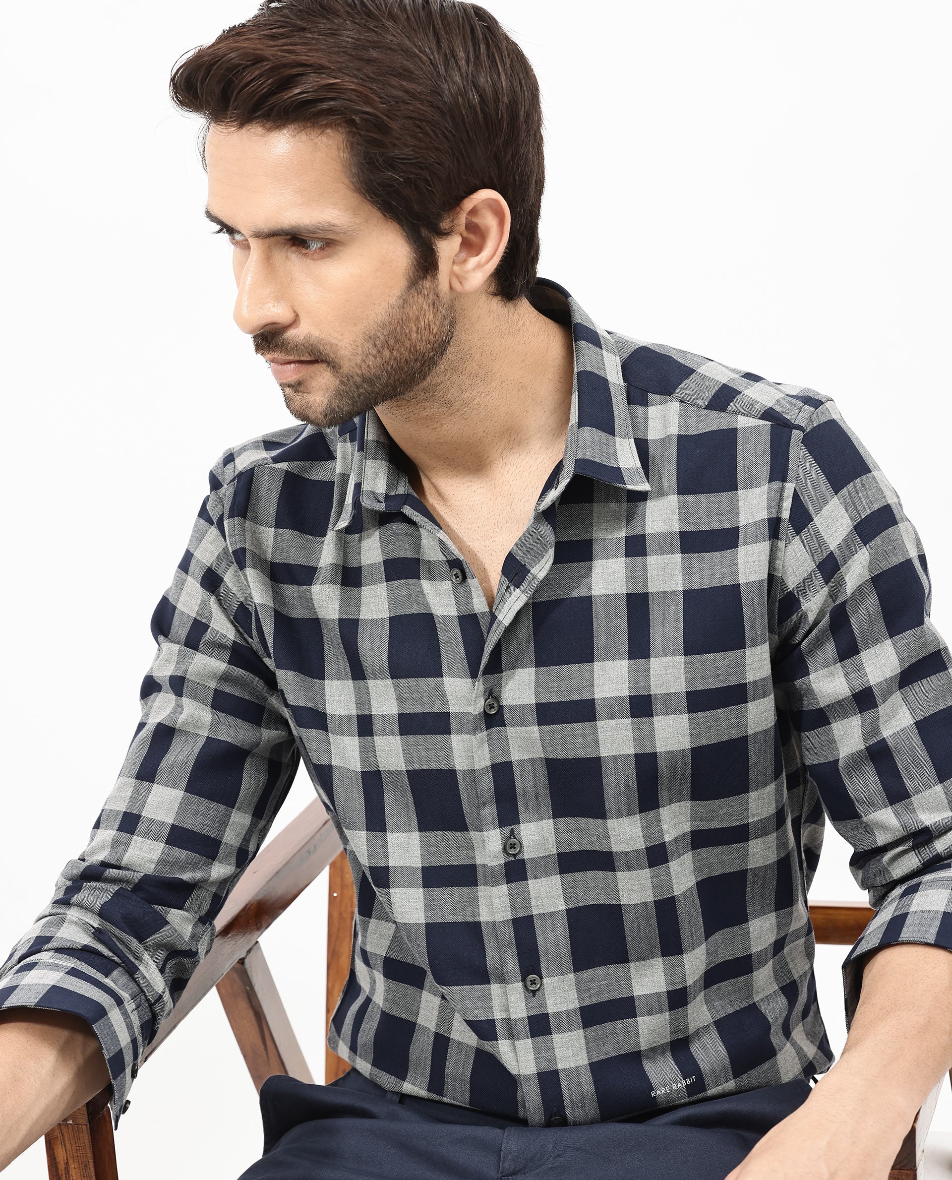 Rare Rabbit Mens Costy Navy Cotton Fabric Full Sleeve Regular Fit Checks Shirt